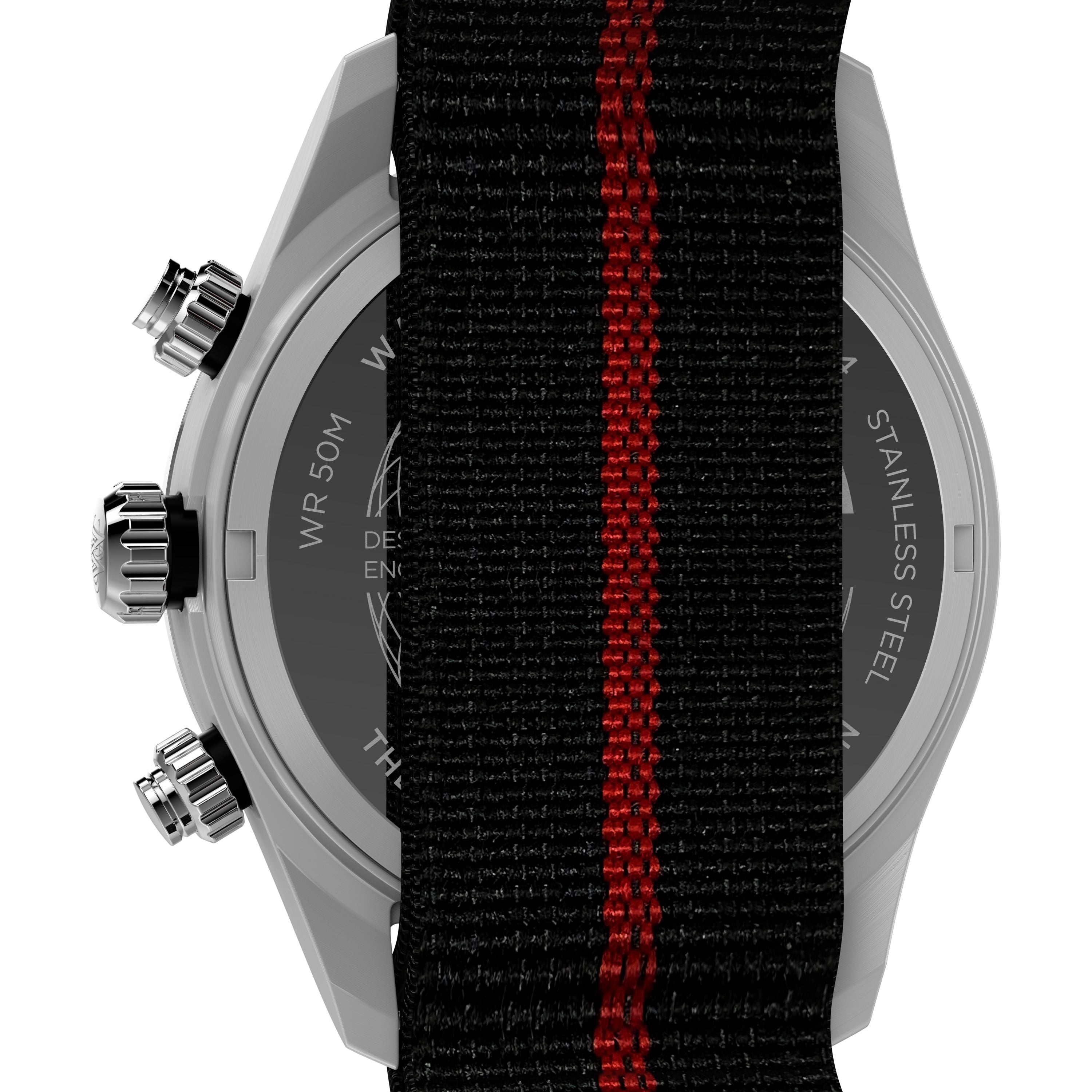The Timex G SS QZ WTRBY HERT 39 BLK DL FABR STP 25 features two pushers and a crown, with its back partially covered by a recycled fabric strap showcasing a striking red central stripe.