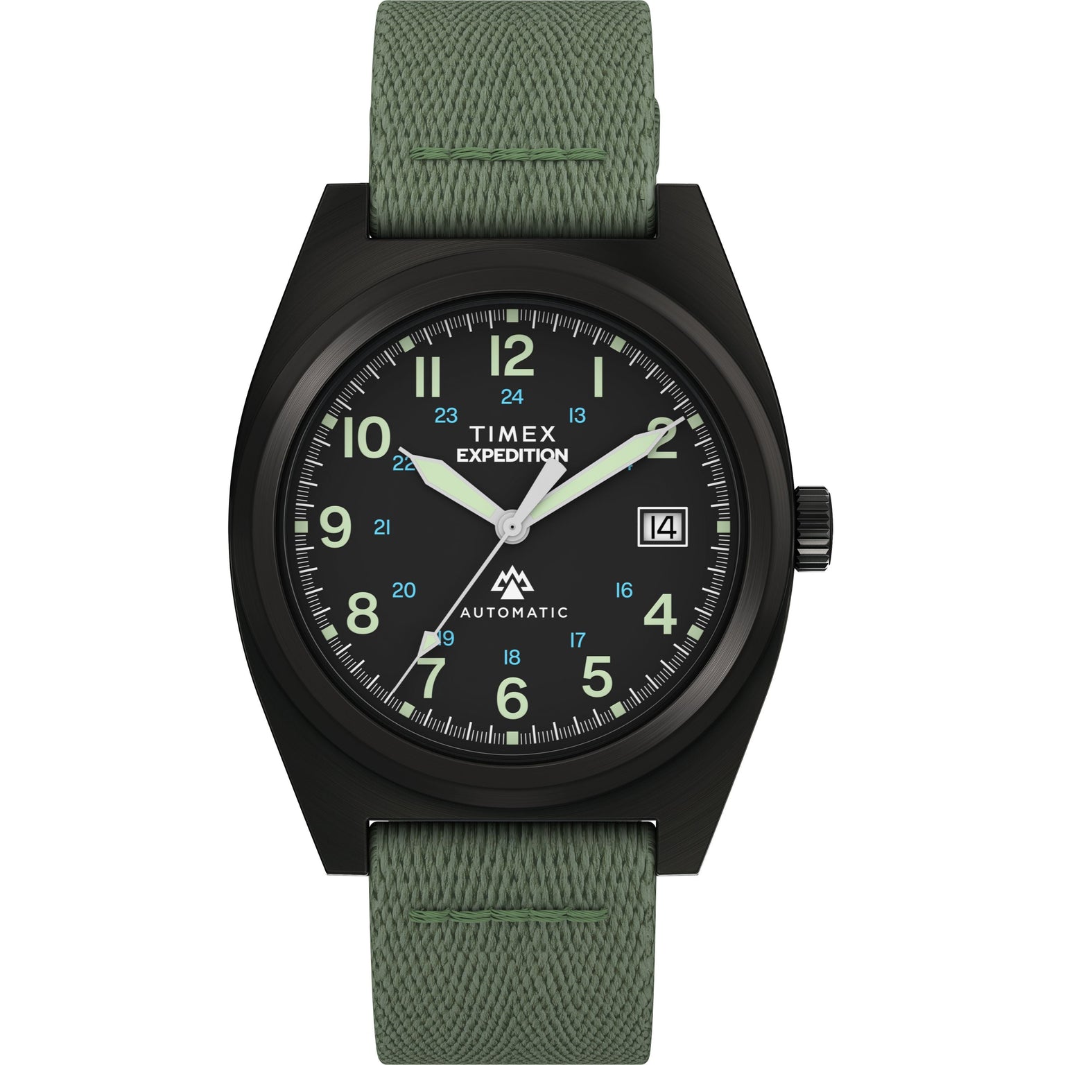 The Timex Expedition® Capstone Automatic watch has a 39mm stainless steel case, green fabric strap, black dial with luminous hands and numerals, date at 3 o’clock, and “AUTOMATIC” above 6 o’clock.