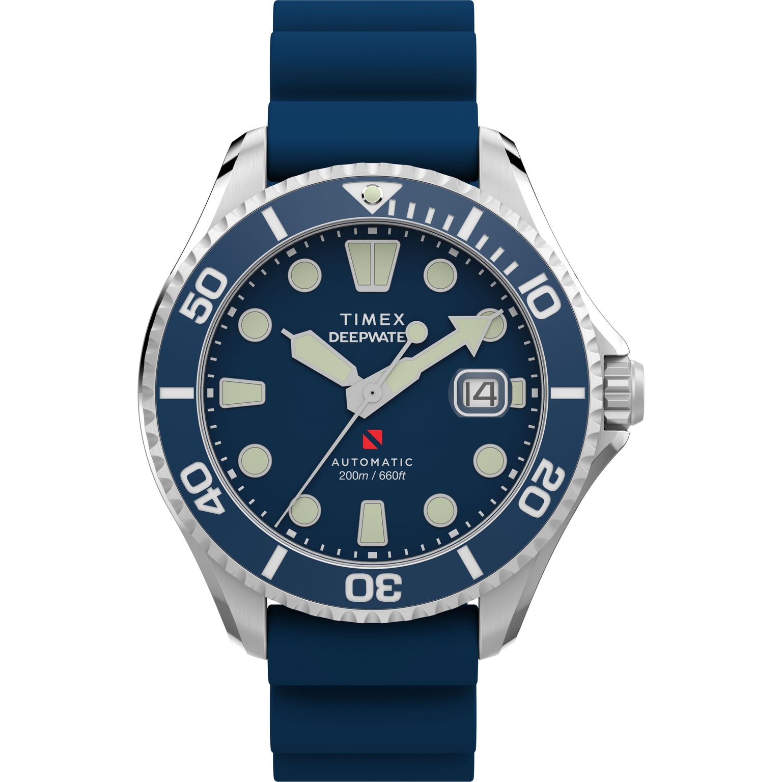 The Timex Deepwater Meridian 200 Automatic is an automatic dive watch featuring a blue dial, large white markers, stainless steel case, silver bezel, 3 o’clock date window, blue silicone strap, and 200m water resistance.