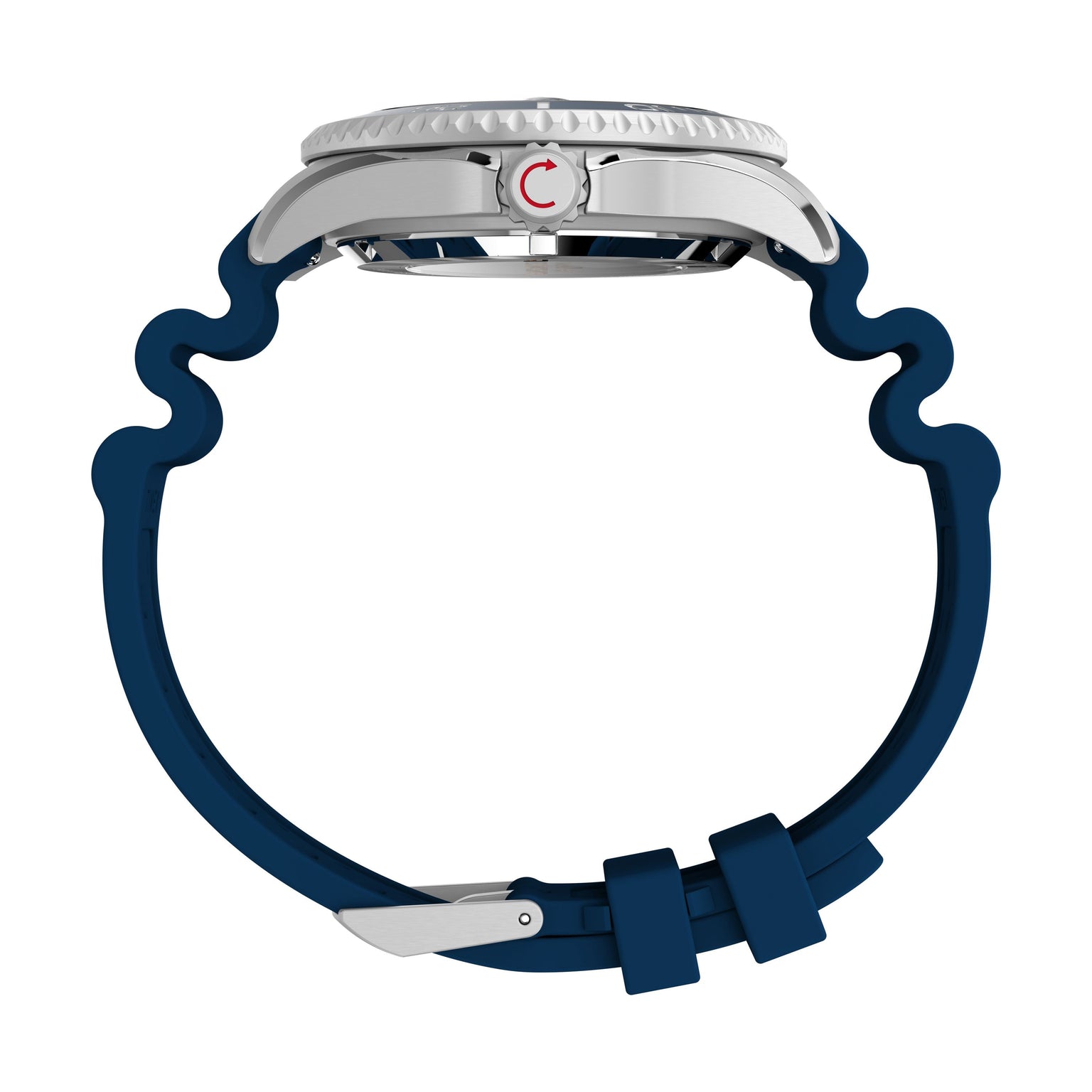 Side view of the Timex Deepwater Meridian 200 Automatic dive watch with round stainless steel case, white dial, navy blue wavy-pattern strap, silver buckle, and 200m water resistance, shown on a white background.
