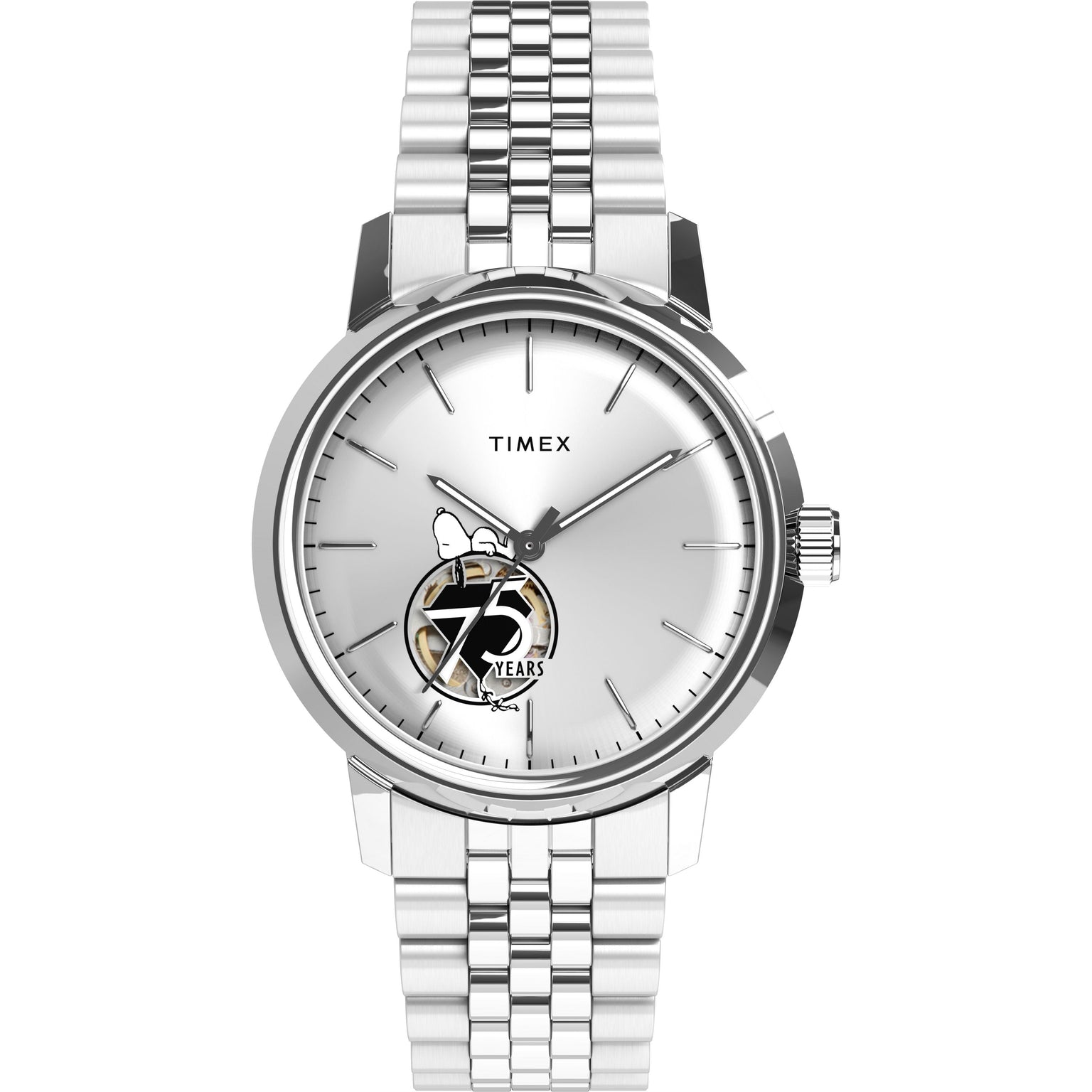 The Timex x Peanuts® Marlin® Automatic 75th Anniversary watch features a silver case, white dial, and a small Snoopy illustration with "75 Years" near 6 o’clock, celebrating Peanuts’ 75th anniversary.