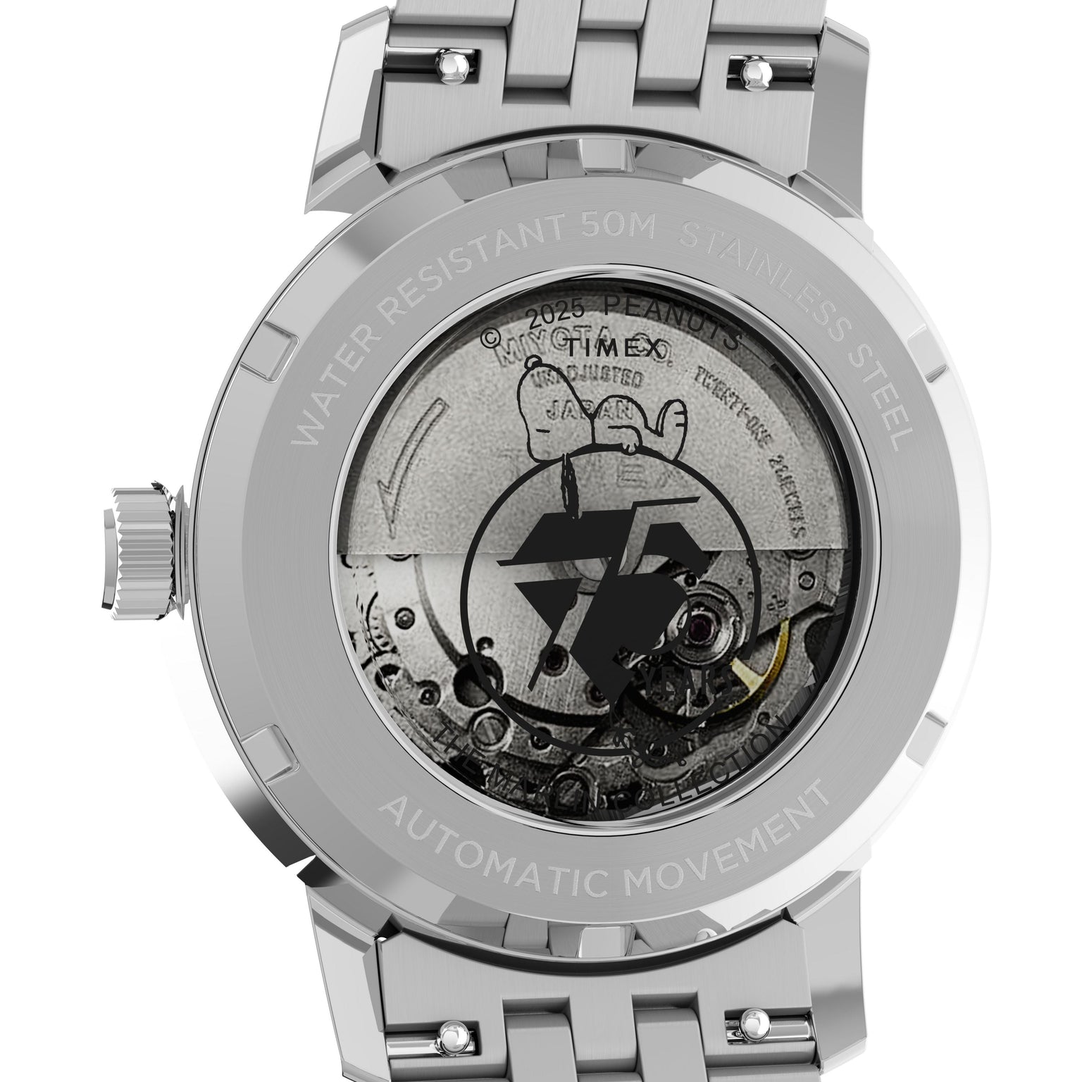 Close-up of the Timex G SS AU BW PEANUTS MARLIN 75 ANNI EDI 25 watch back, showing its automatic movement through a clear case, Snoopy engraving, and text: WATER RESISTANT 50M and STAINLESS STEEL.