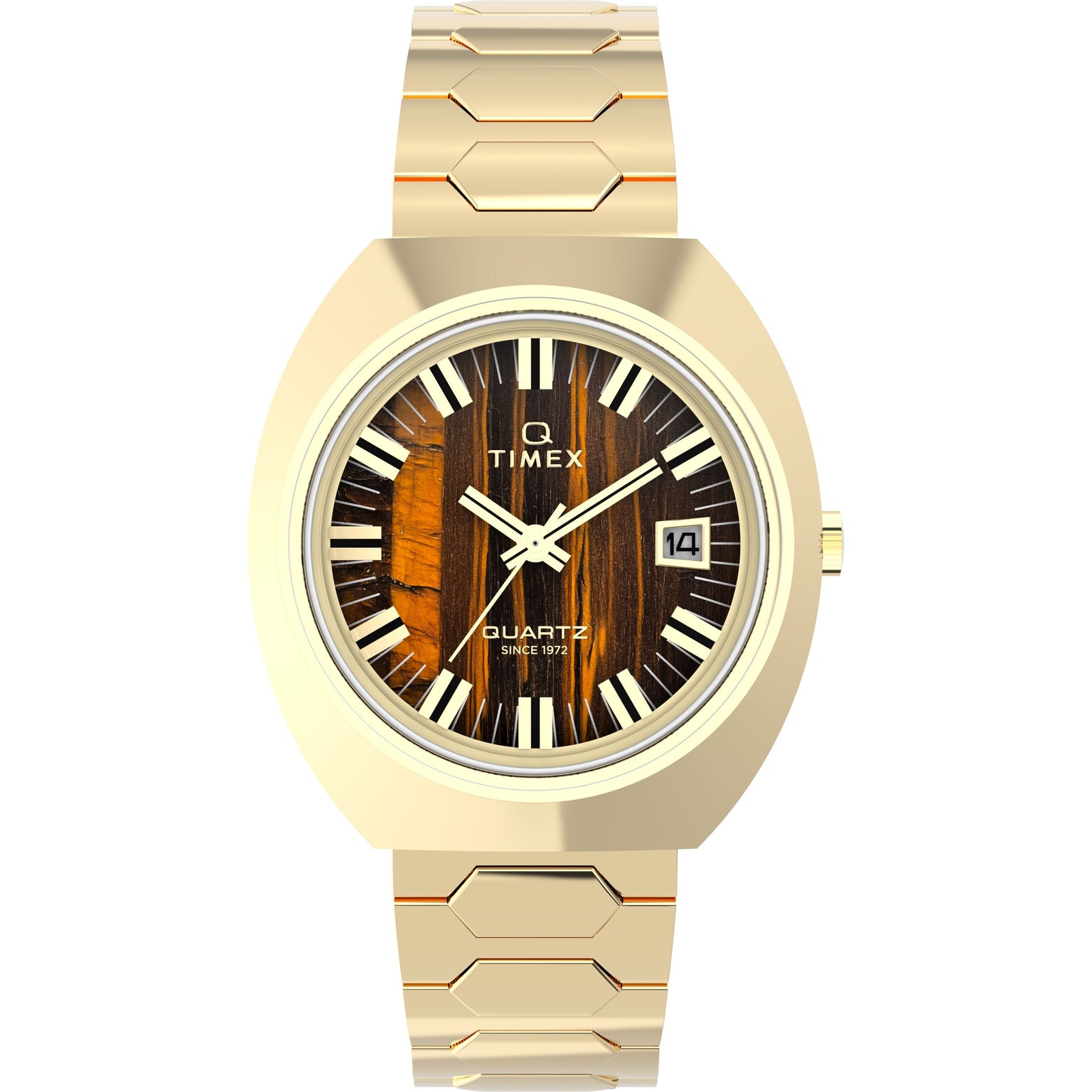 The Timex Q 1972 Time Machine Reissue is a gold quartz watch featuring a hexagonal link bracelet, wood-textured dial, white Roman numerals, date display at 3 o’clock, and a stylish stainless steel tonneau case.
