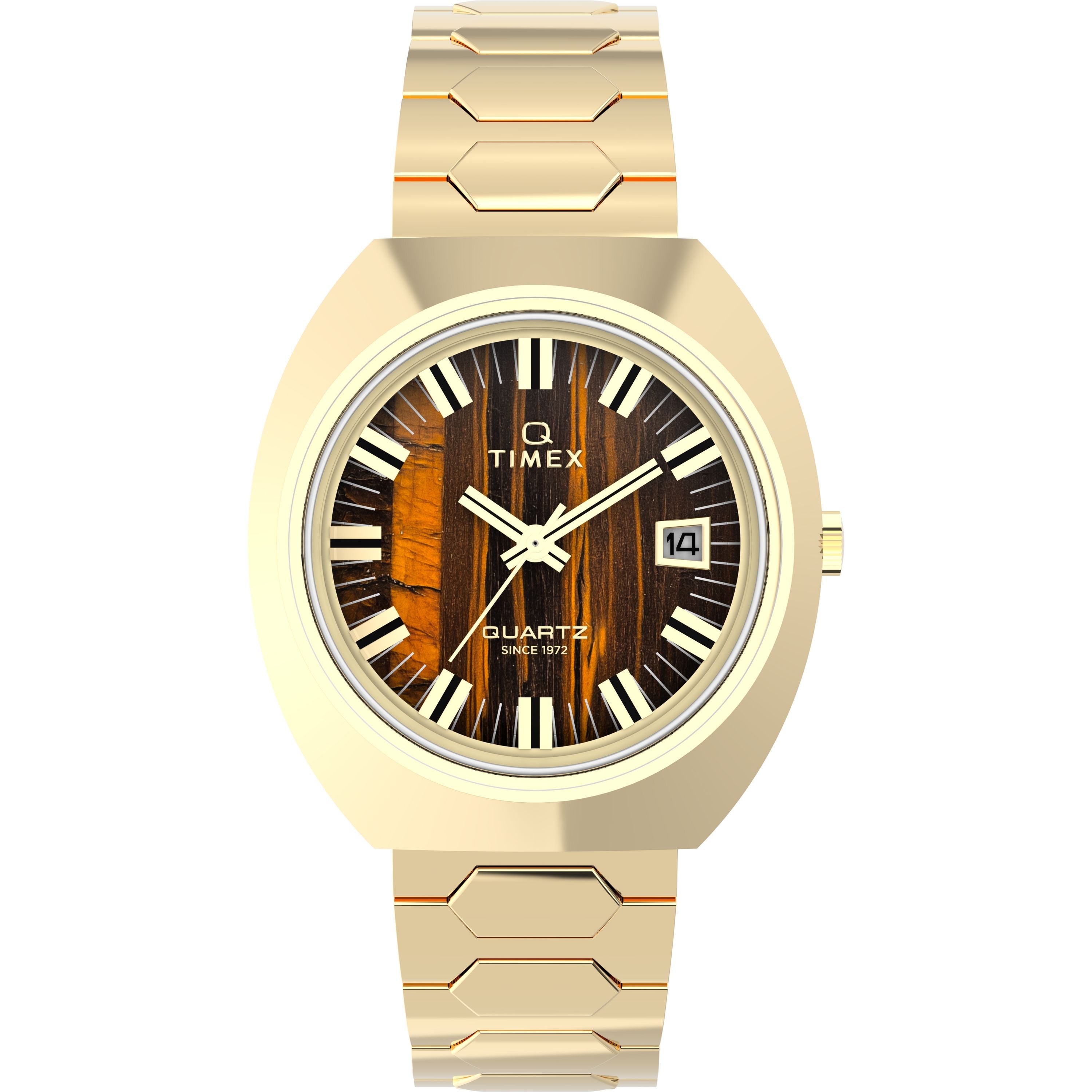 The Timex Q 1972 Time Machine Reissue is a gold quartz watch featuring a hexagonal link bracelet, wood-textured dial, white Roman numerals, date display at 3 o’clock, and a stylish stainless steel tonneau case.