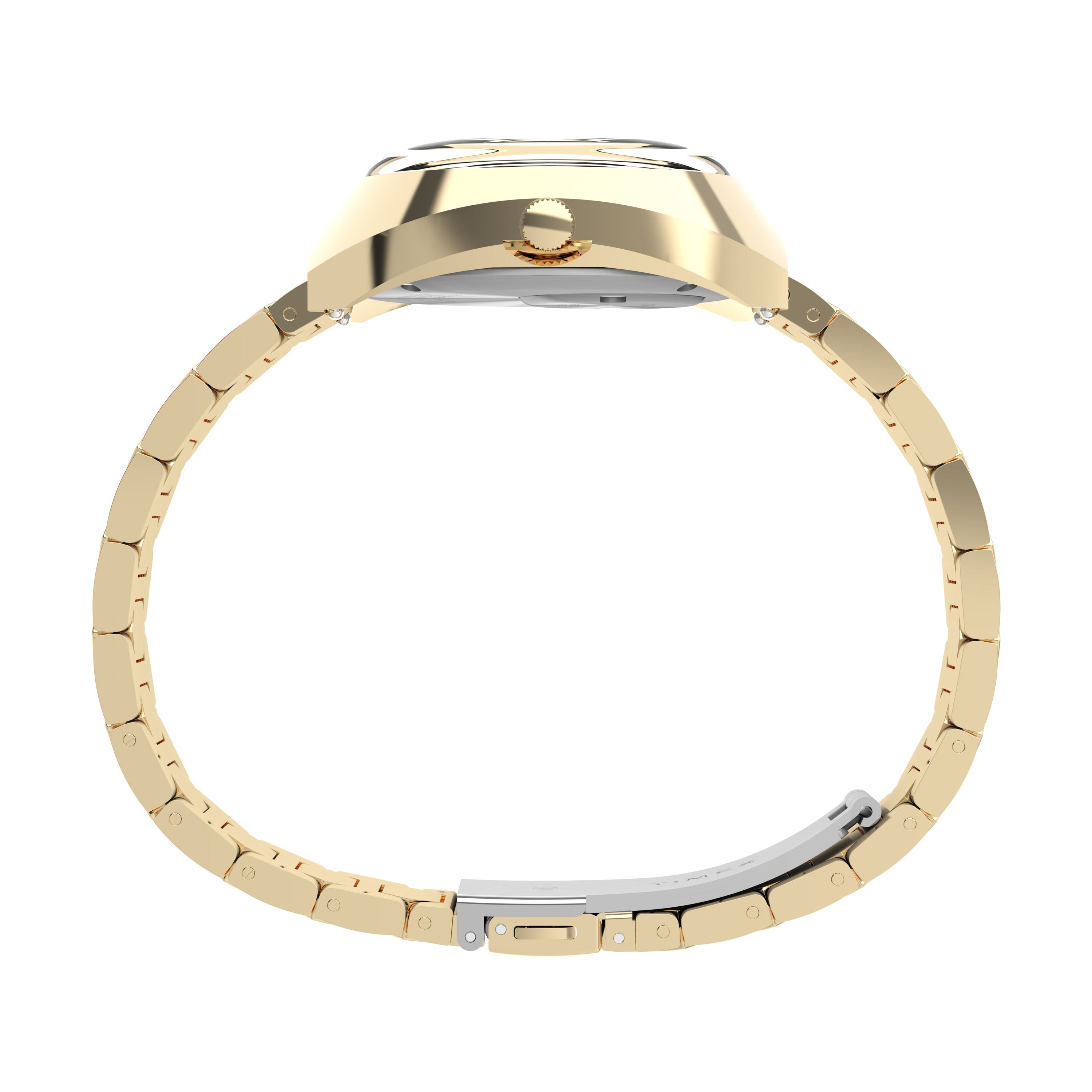 Side view of the Timex Q 1972 Time Machine Reissue, showing the gold metal link band, round crown, watch case thickness, clasp, and a stunning tiger’s eye dial.