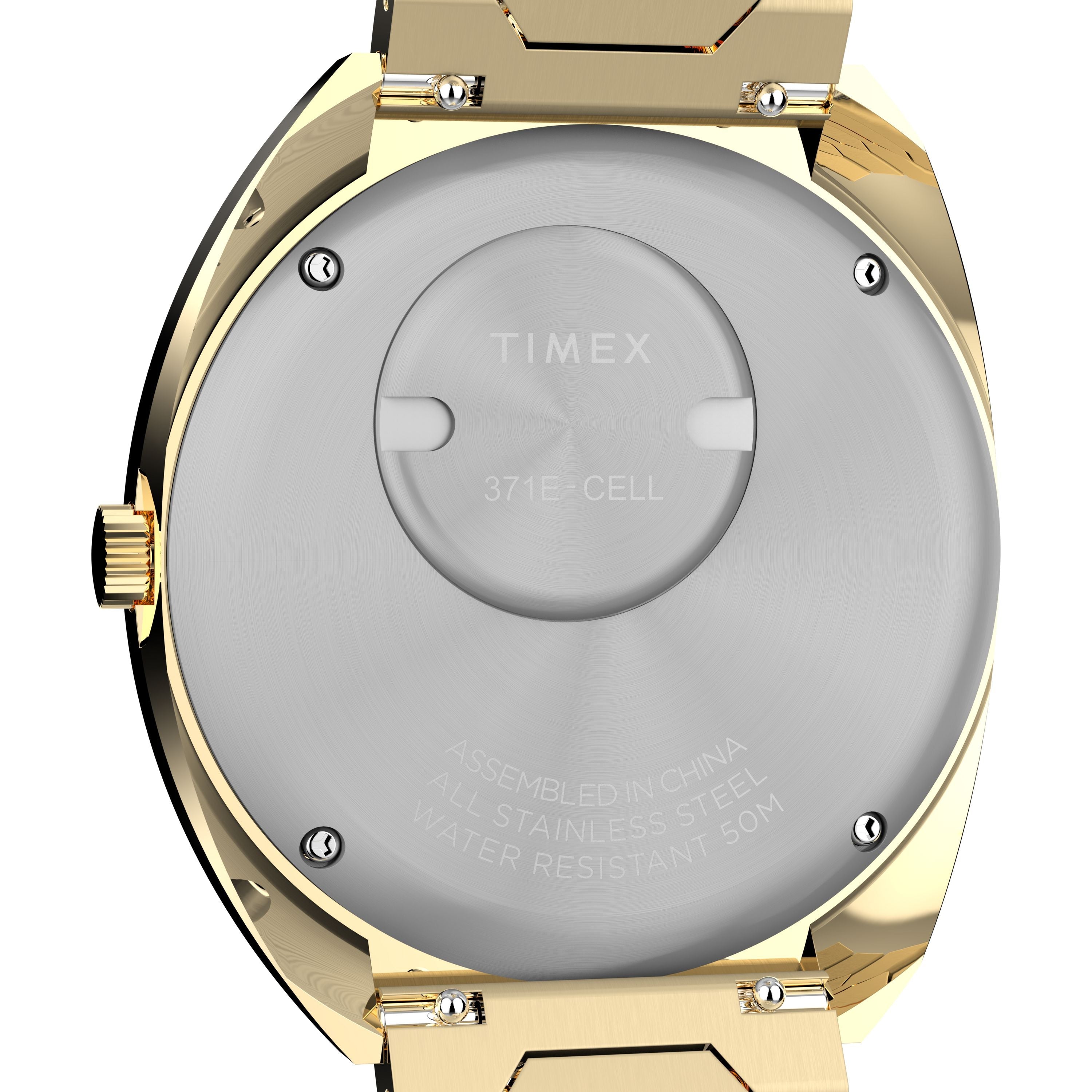 The back of the Timex Q 1972 Time Machine Reissue features an engraved stainless steel tonneau case with battery compartment and details on water resistance, stainless steel construction, and assembly in China.