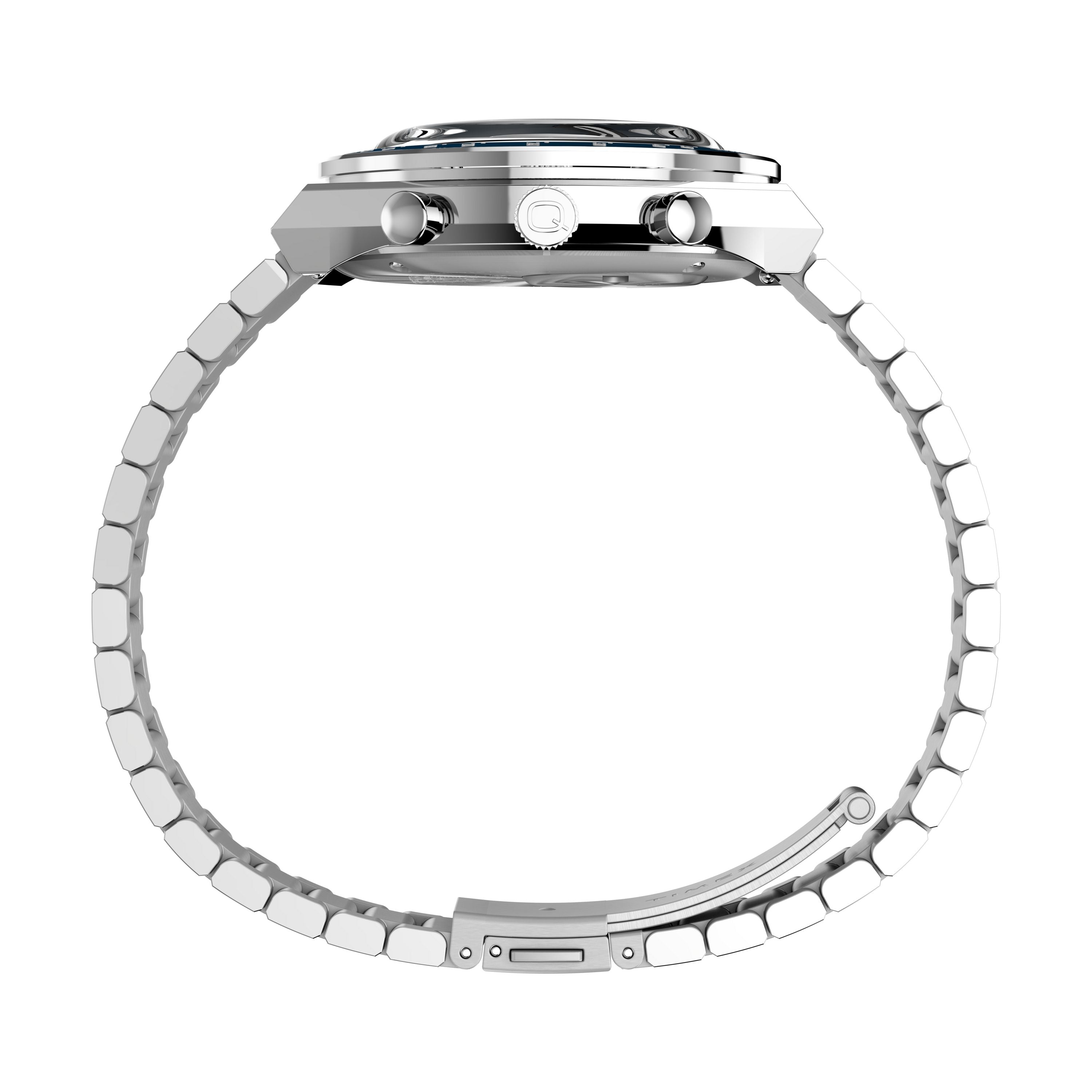 Side view of a silver Timex x Peanuts® Q Chronograph wristwatch with a stainless-steel bracelet, two pushers, and a crown on the right side of the case, displayed against a white background.