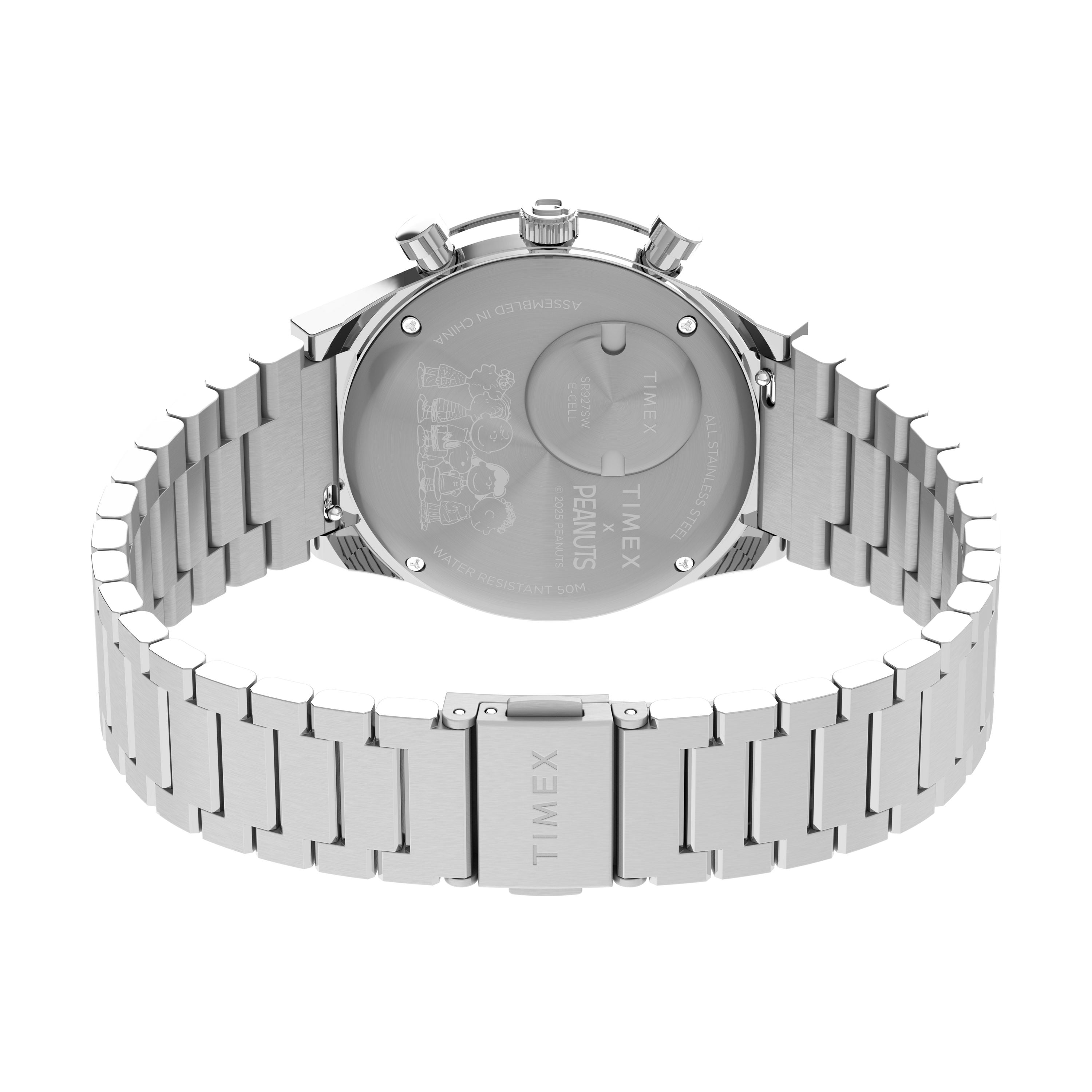 Back view of the Timex x Peanuts® Q Chronograph shows its silver stainless-steel bracelet and engraved Peanuts characters with branding on the case back.