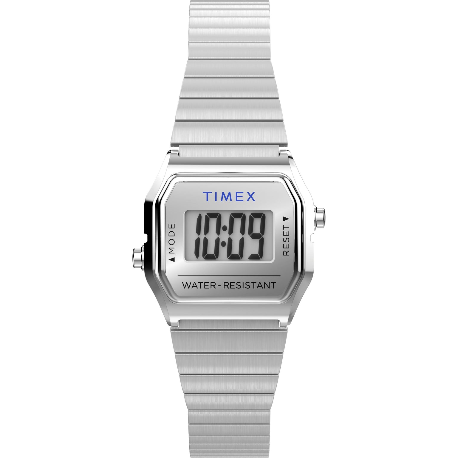 The Timex Teeny Tiny is a digital wristwatch with a rectangular face displaying 10:09 and WATER RESISTANT. It has a brushed stainless-steel case and band, ideal for fans of compact watches.