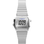 The Timex Teeny Tiny is a digital wristwatch with a rectangular face displaying 10:09 and WATER RESISTANT. It has a brushed stainless-steel case and band, ideal for fans of compact watches.
