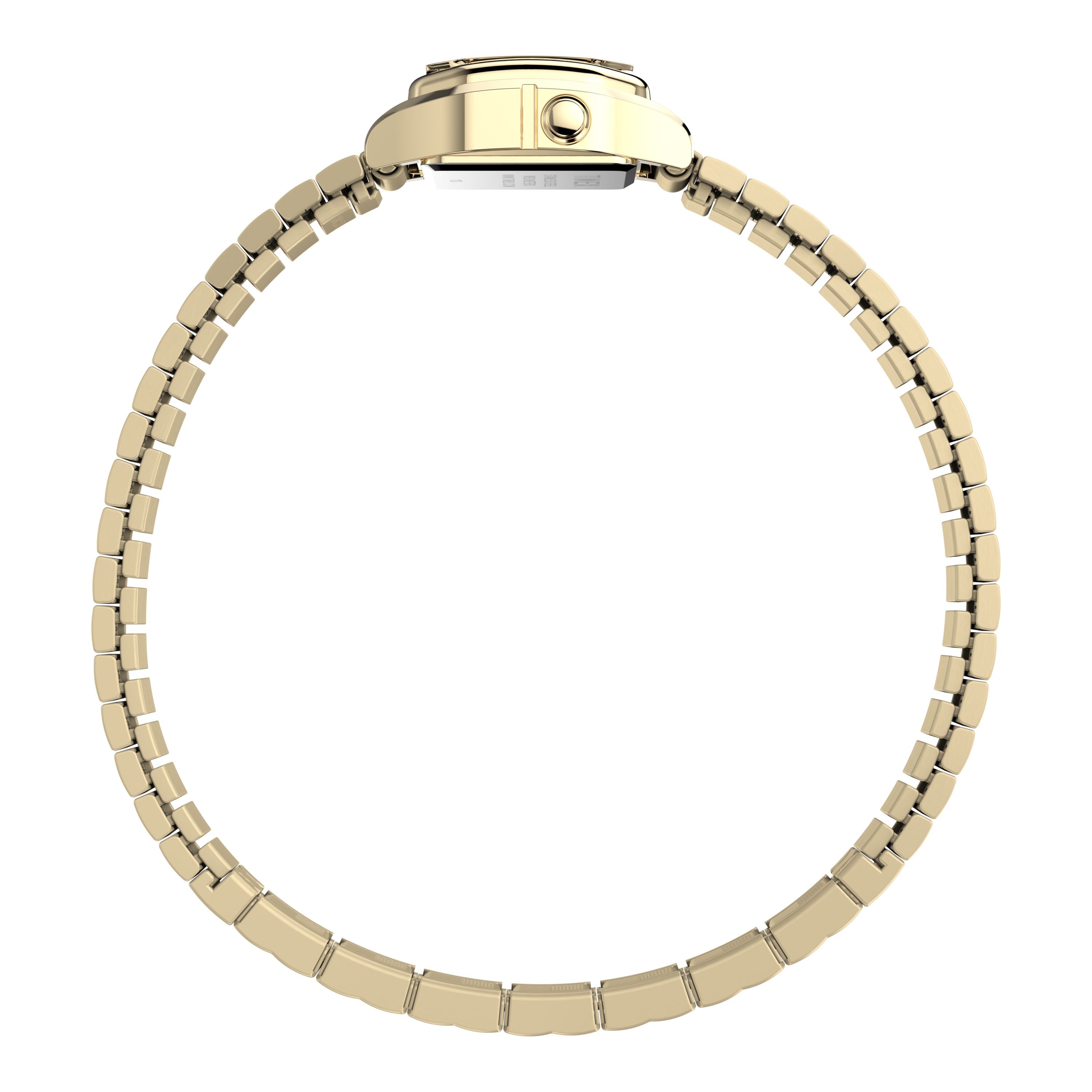 The Timex L SS QZ BW Teeny Tiny 20 Gld DL/STP 25, a gold wristwatch with a metal link band, is shown from the side to highlight its stainless-steel case thickness and small circular design.