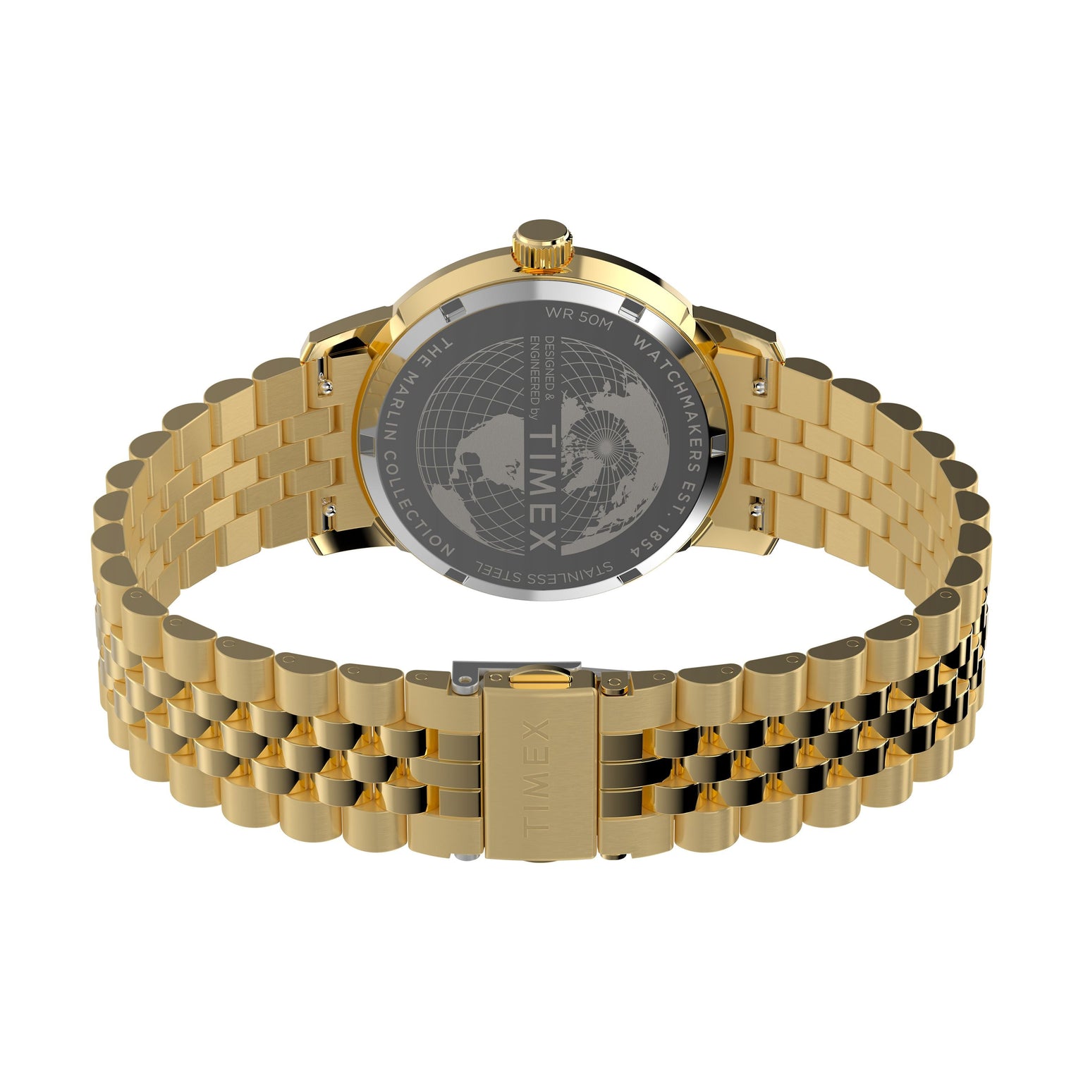 A gold Timex Marlin® Quartz GMT wristwatch is shown from the back, featuring a stainless-steel bracelet, an engraved world map and watch details on the case back, and a clasp with the Timex logo.