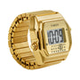 The Timex MM6 Gold Tone Digital Ring Watch features a gold-tone design and displays 10:09 on its rectangular screen with black numerals and a row of small buttons beneath.