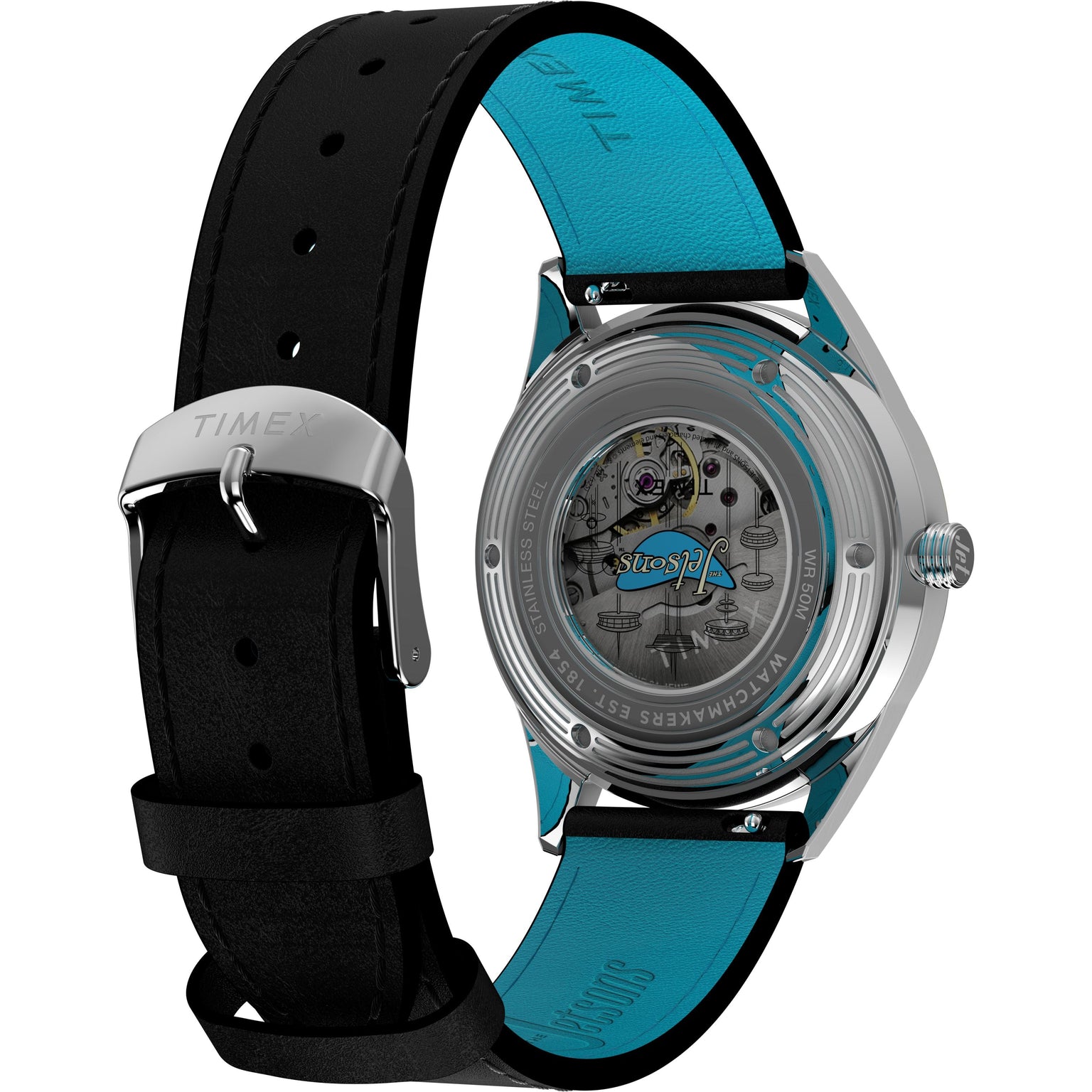 The Timex Marlin Jet Automatic x The Jetsons features a black leather strap, blue inner lining, stainless steel back showcasing its automatic movement with visible gears, plus The Jetsons-themed illustrations on the mechanism.