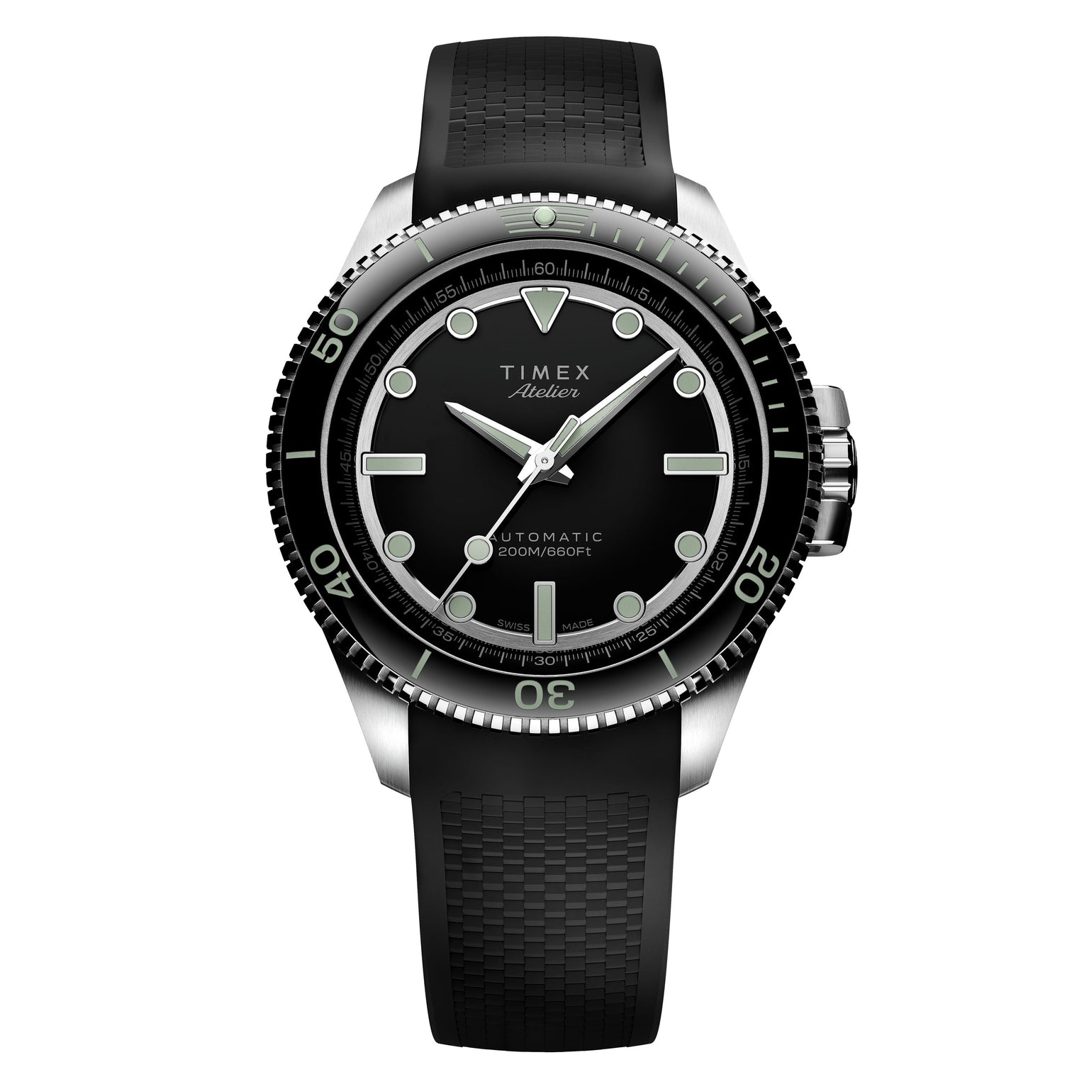 The Timex G SS AU SW ATELIER 41 BLACK DL 25 watch features a minimalist design in black and silver.