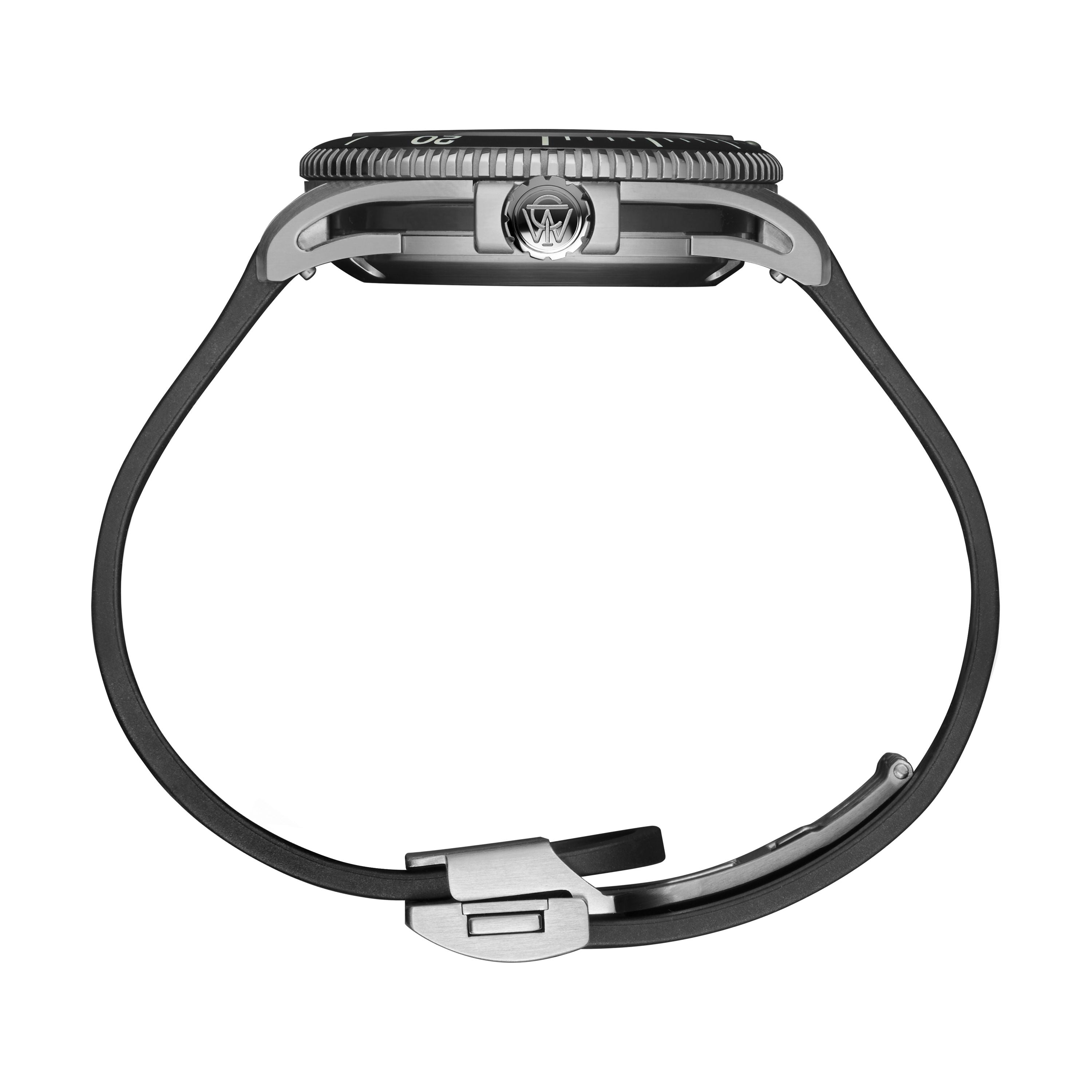 Side view of the Timex G SS AU SW ATELIER 41 BLACK DL 25, a modern tool watch with a round case, black bezel, silver clasp, and minimalist design showcased against a white background.