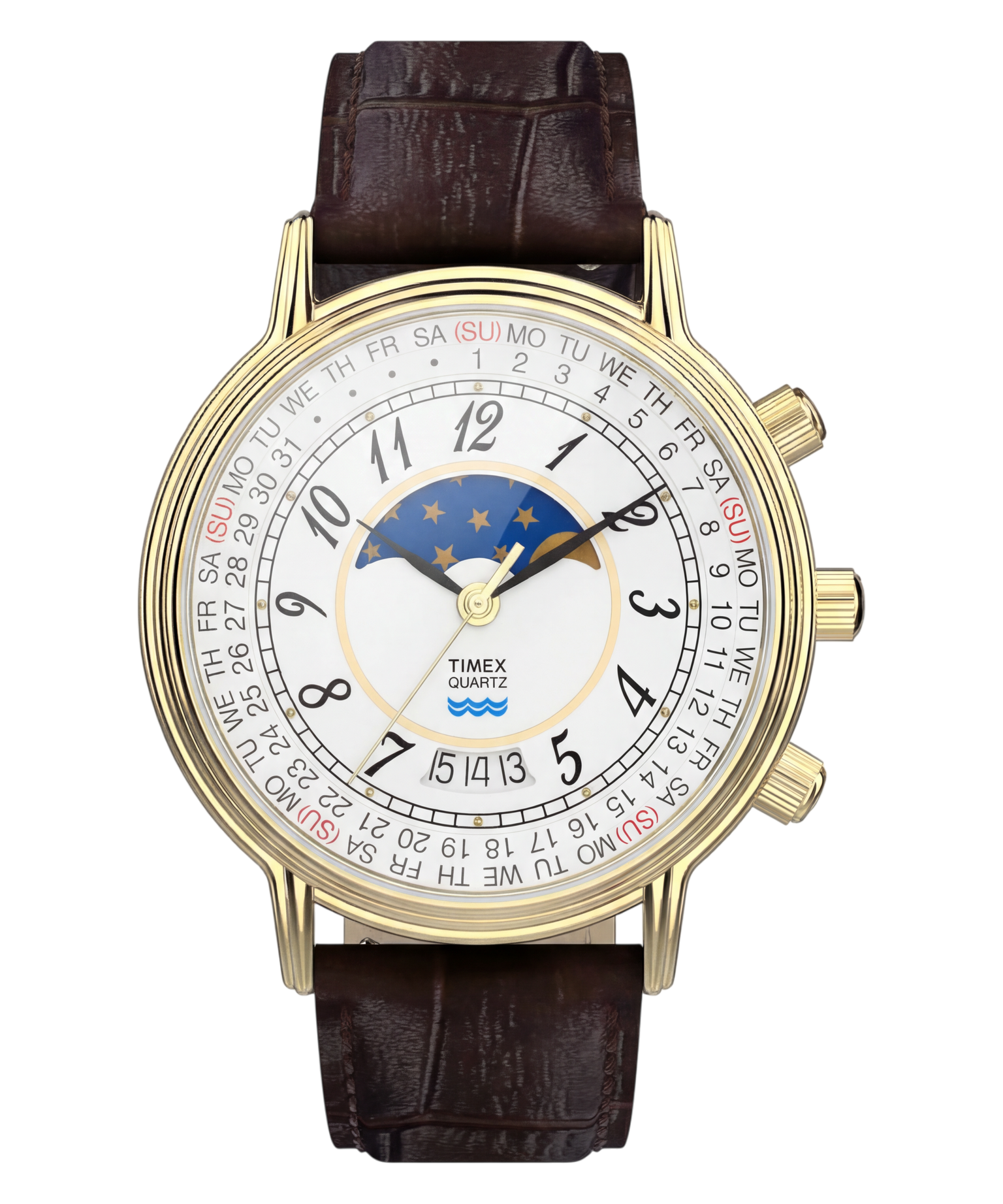 Timex 1990 Moon Phase and Calendar Dial Reissue 37mm Leather Strap Watch