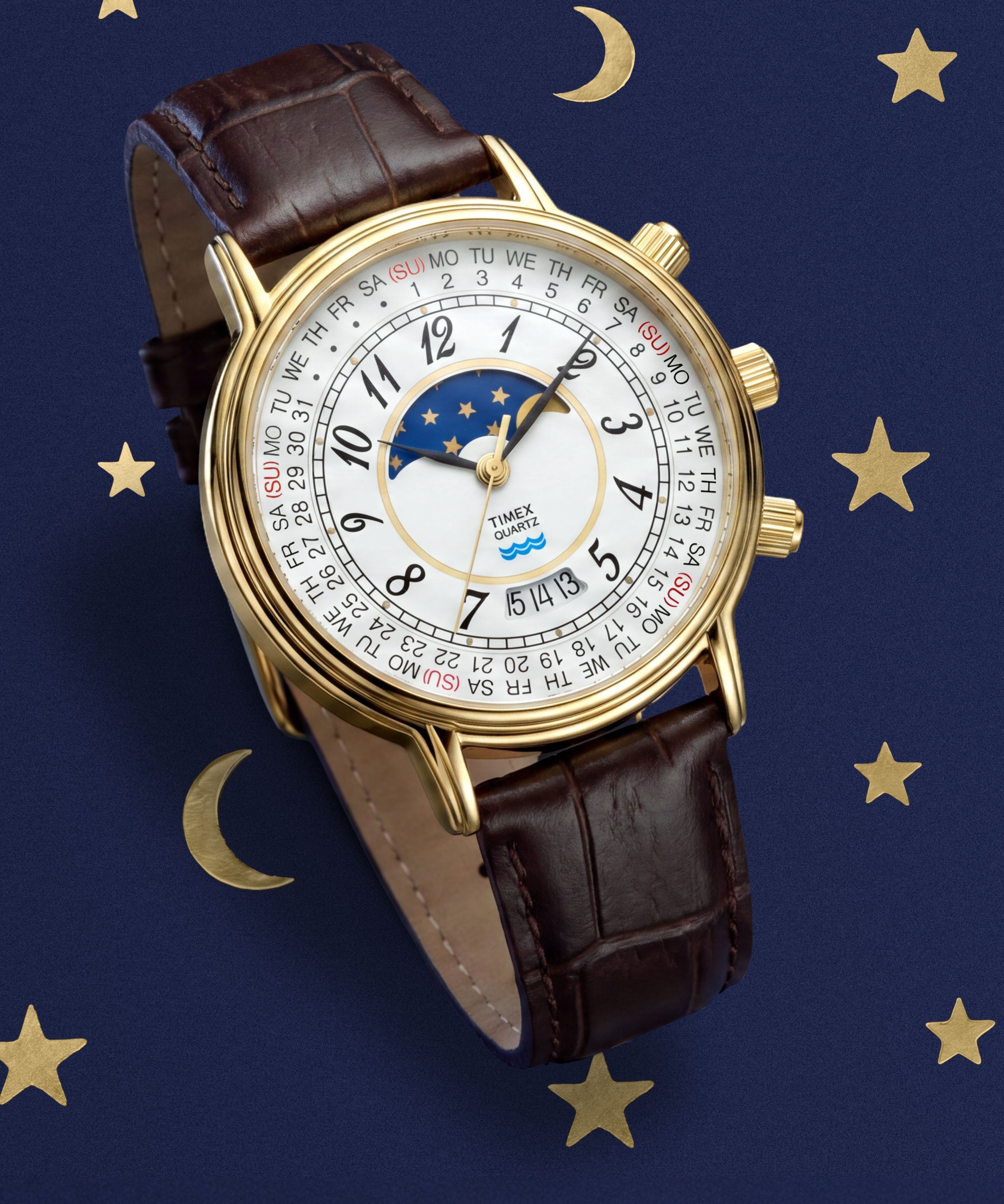 Timex 1990 Moon Phase and Calendar Dial Reissue 37mm Leather Strap Watch