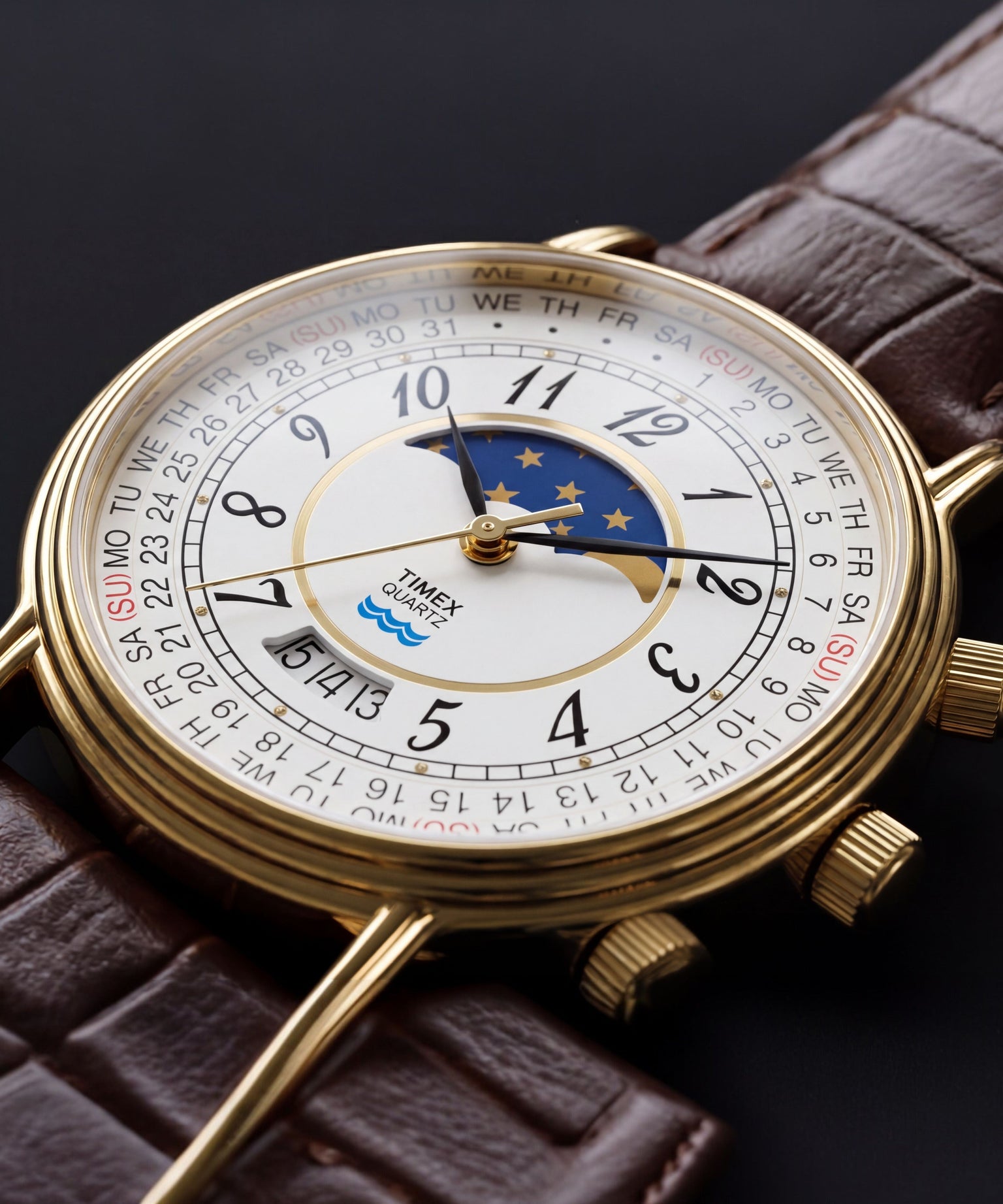 Timex 1990 Moon Phase and Calendar Dial Reissue 37mm Leather Strap Watch