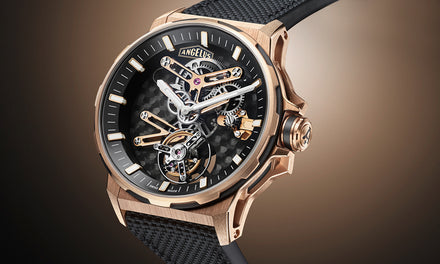 An Angelus watch with a black strap, rose gold bezel and exposed gears and mechanisms with a small Angelus text logo over a rose gold gradient background