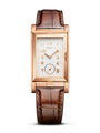 Rose gold rectangular watch with cream dial, gold numerals, brown leather strap, and subsidiary seconds dial.