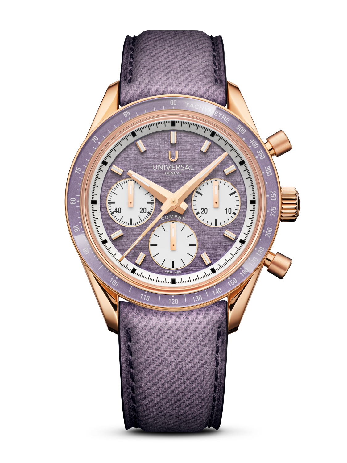 Rose gold chronograph watch with purple dial, three white subdials, tachymeter bezel, and purple fabric strap.