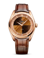 Rose gold watch with brown leather strap, two-tone hardstone dial in tan and dark brown quarters, and textured bezel.