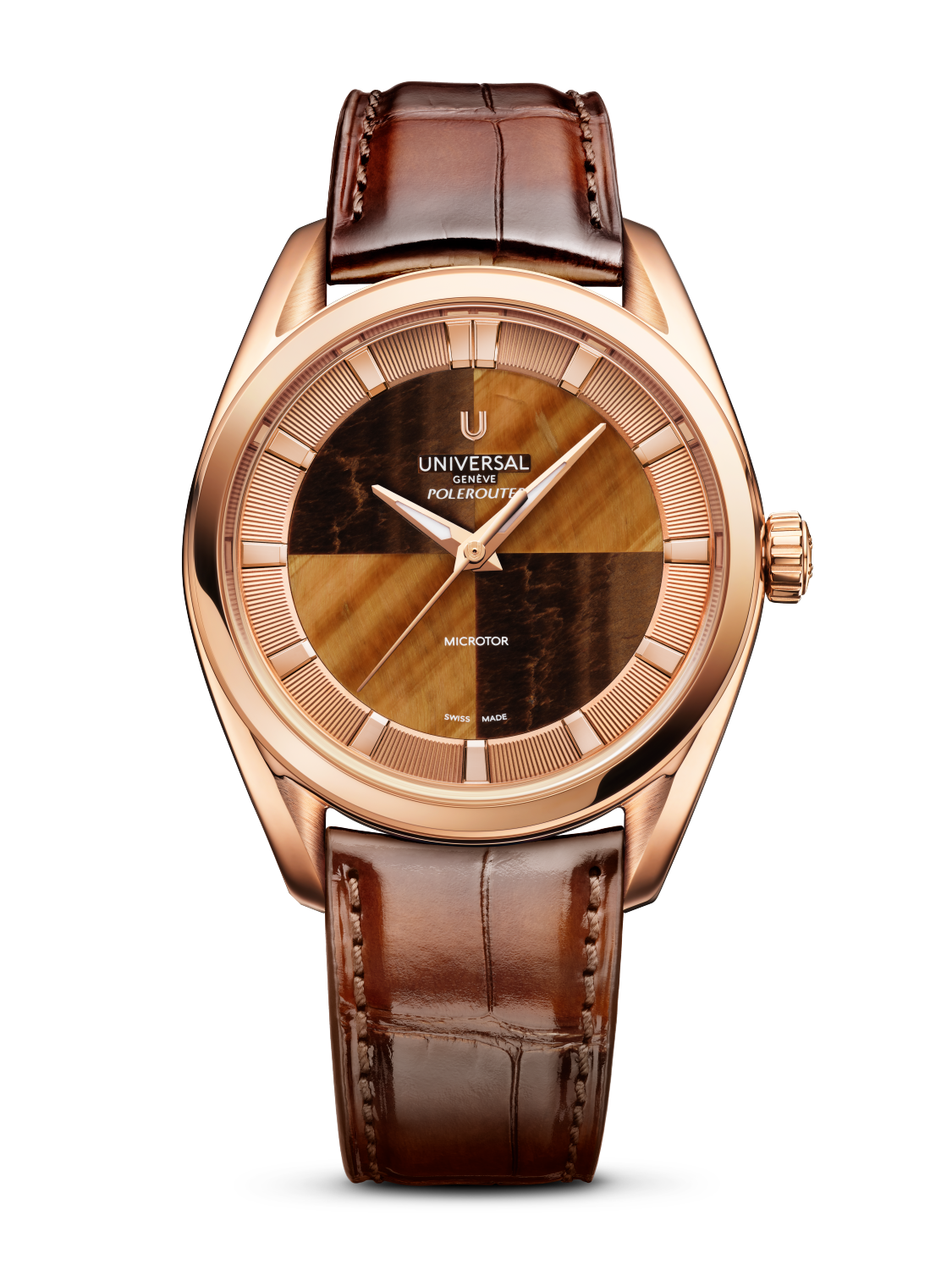 Rose gold watch with brown leather strap, two-tone hardstone dial in tan and dark brown quarters, and textured bezel.