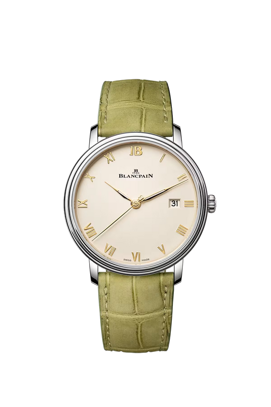 Blancpain Villeret watch with cream dial, Roman numerals, date window, and olive green alligator leather strap.