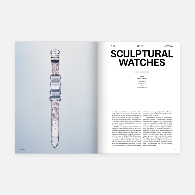 A magazine spread from Hodinkee Magazine, Volume 14 by Hodinkee features a watchband on the left and the title Sculptural Watches on the right.