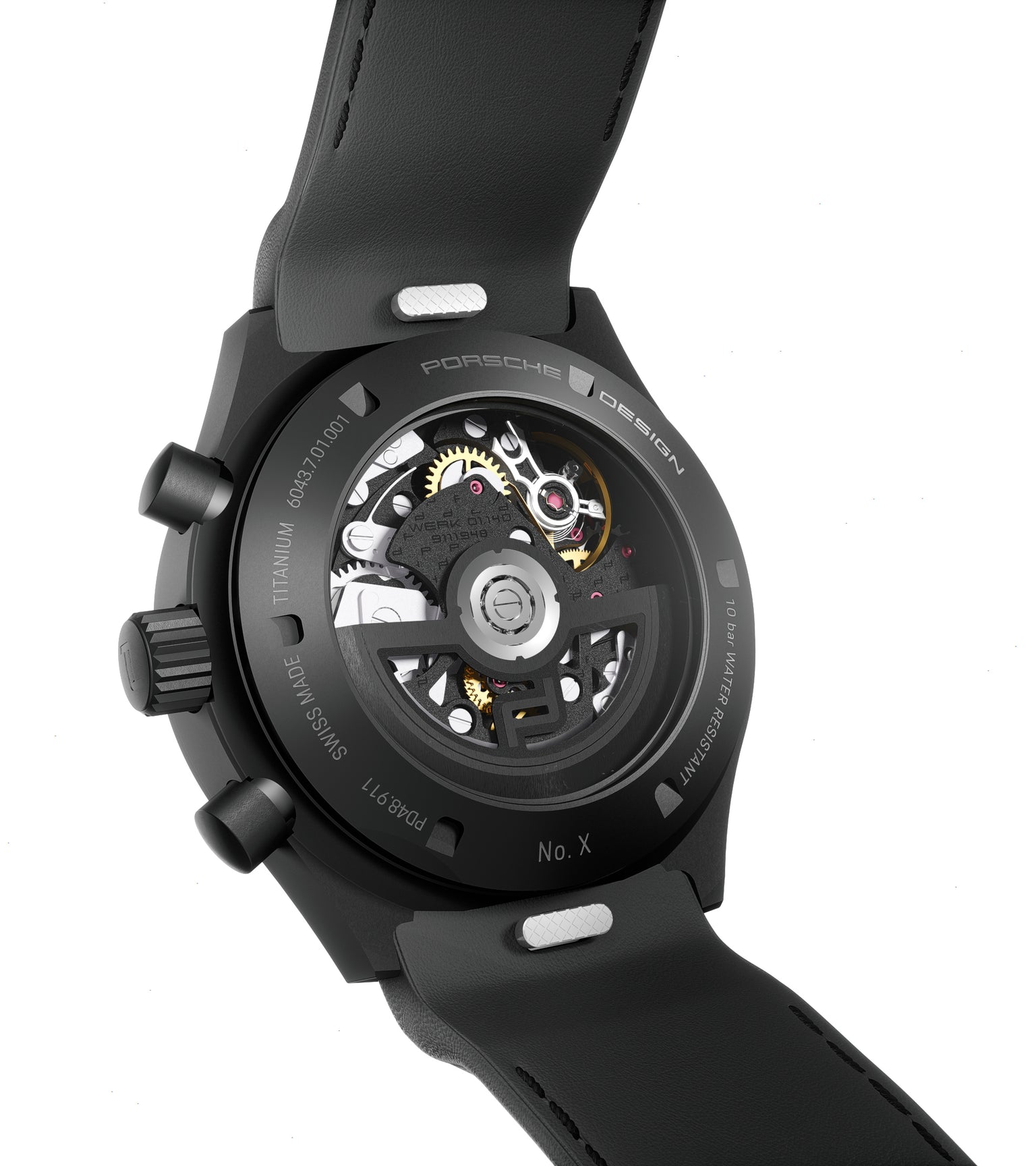 Black chronograph watch with visible skeleton dial showing gears and mechanisms, numbered edition, black rubber strap.