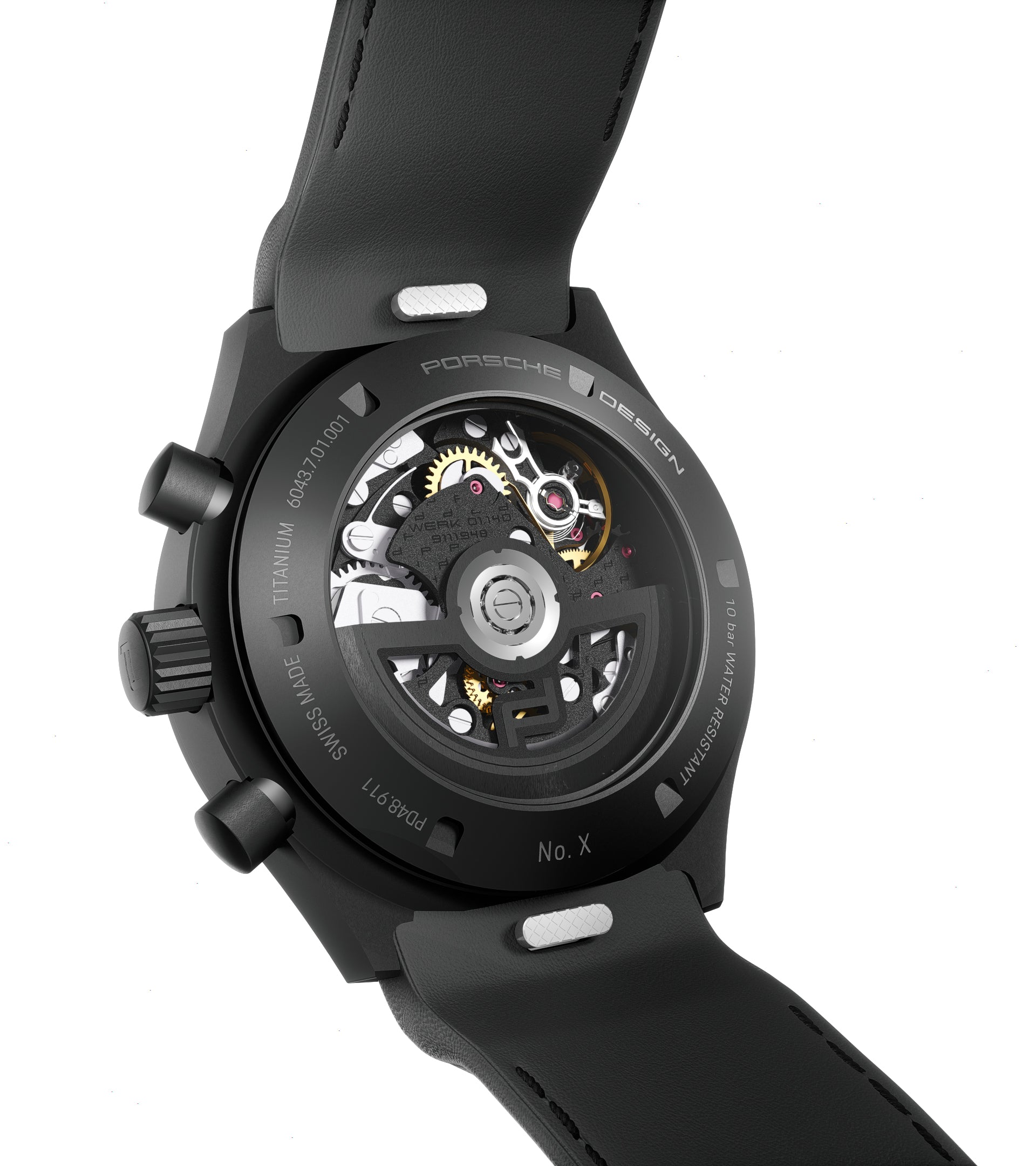 Black chronograph watch with visible skeleton dial showing gears and mechanisms, numbered edition, black rubber strap.