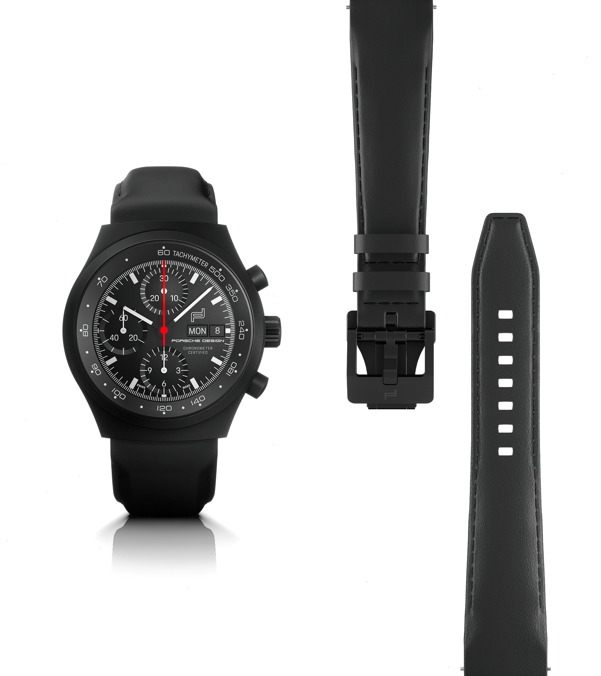 Black chronograph watch with numbered dial, red chronograph hand, and black rubber strap shown with buckle.