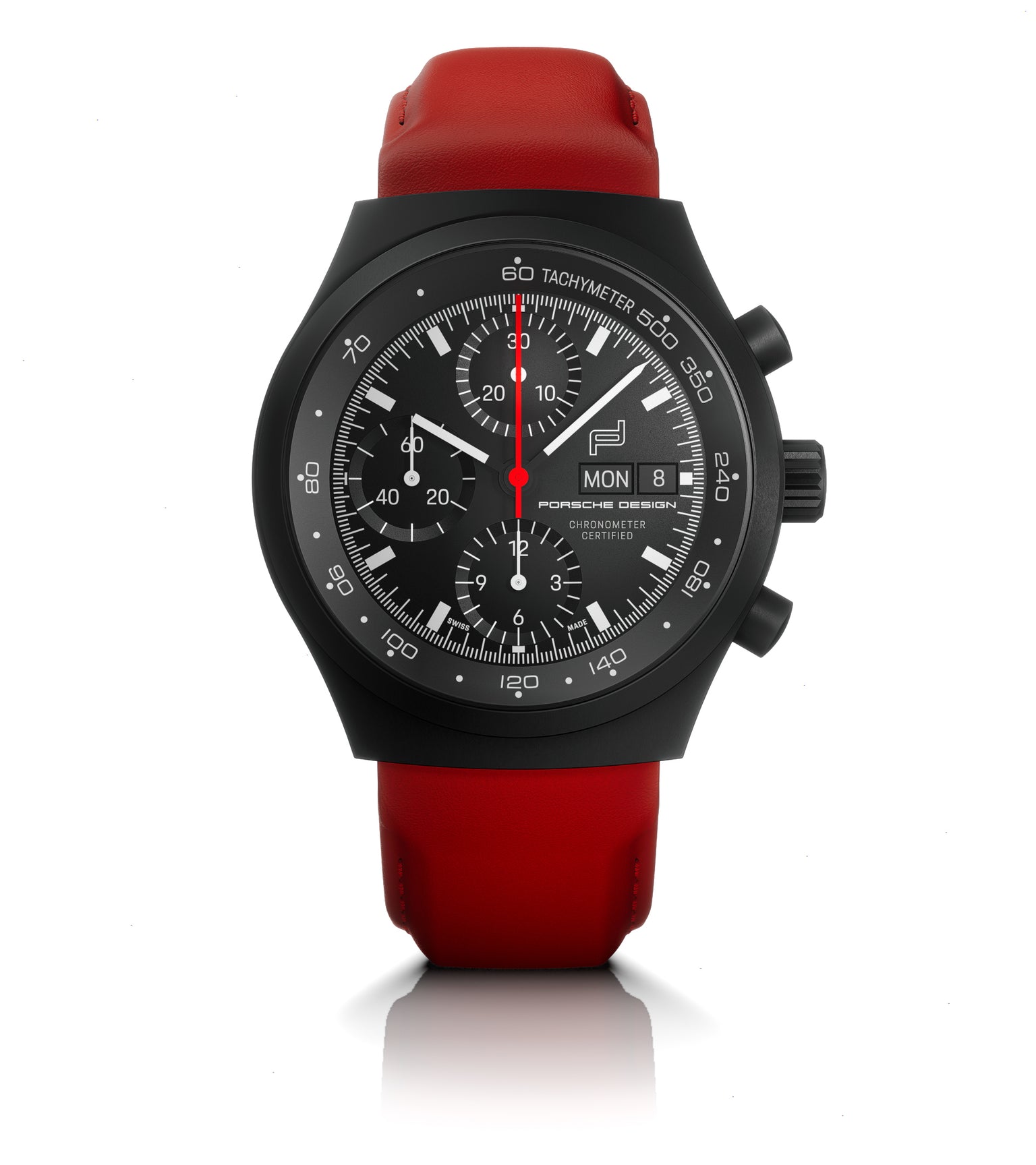 Black chronograph watch with numbered dial, red central hand, day-date window, and red leather strap.
