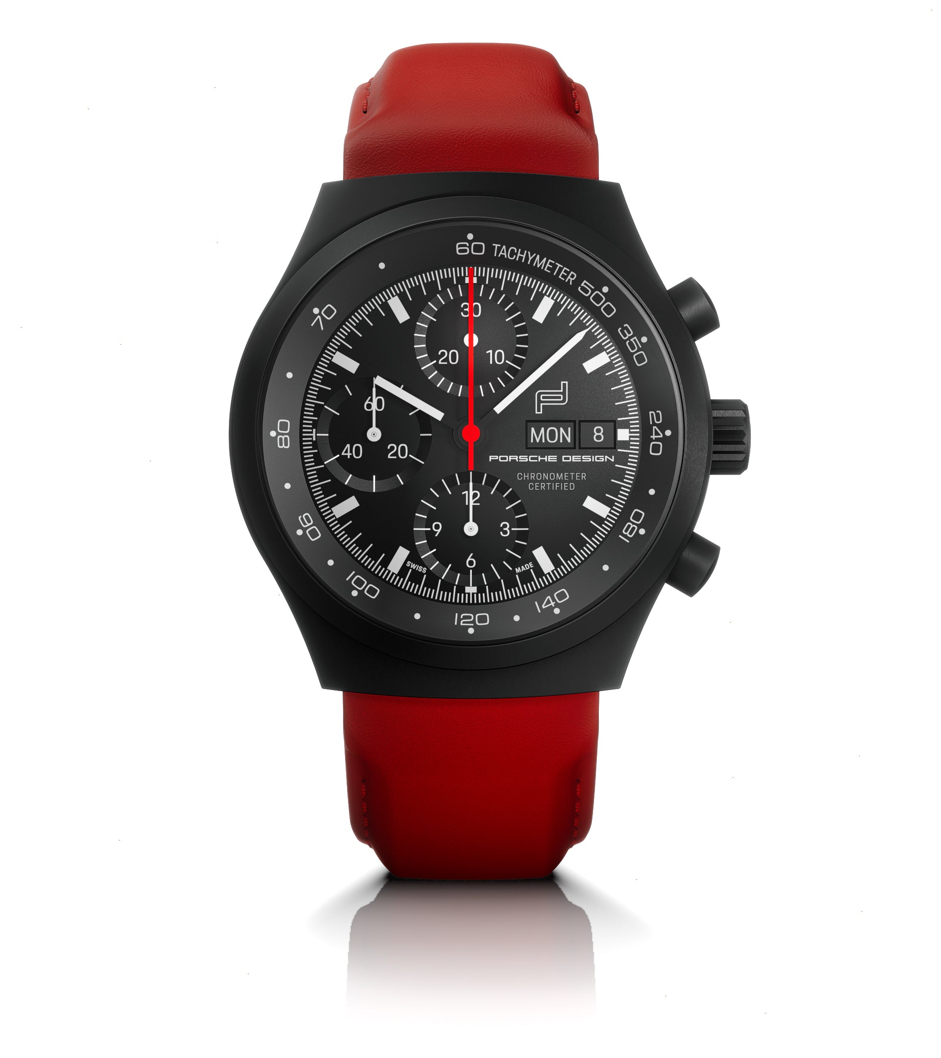 Black chronograph watch with numbered dial, red central hand, day-date window, and red leather strap.