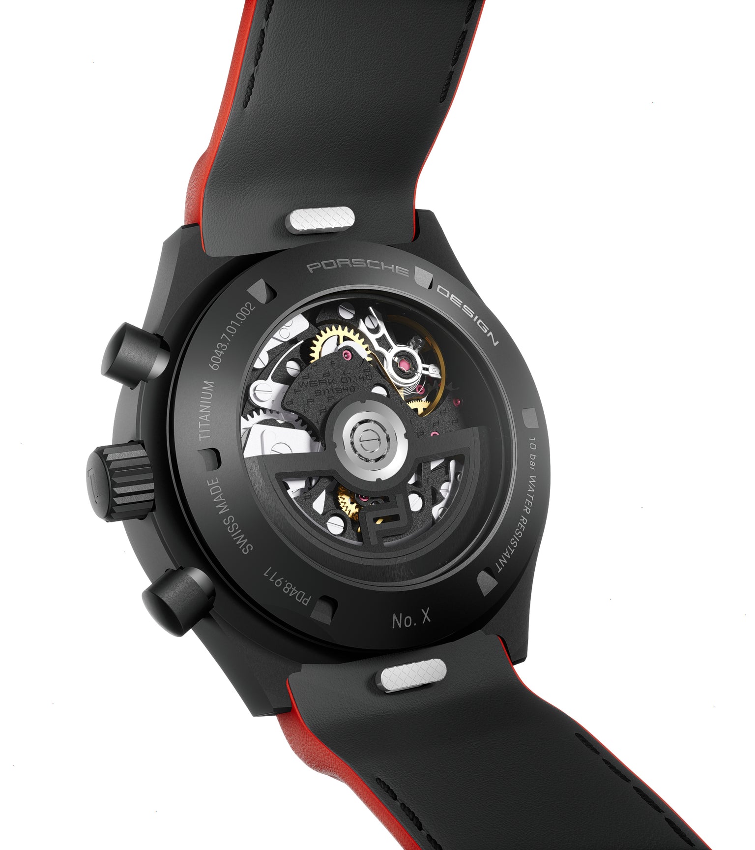 Black chronograph watch with visible mechanical movement, red and black leather strap, and numbered edition marking on case b