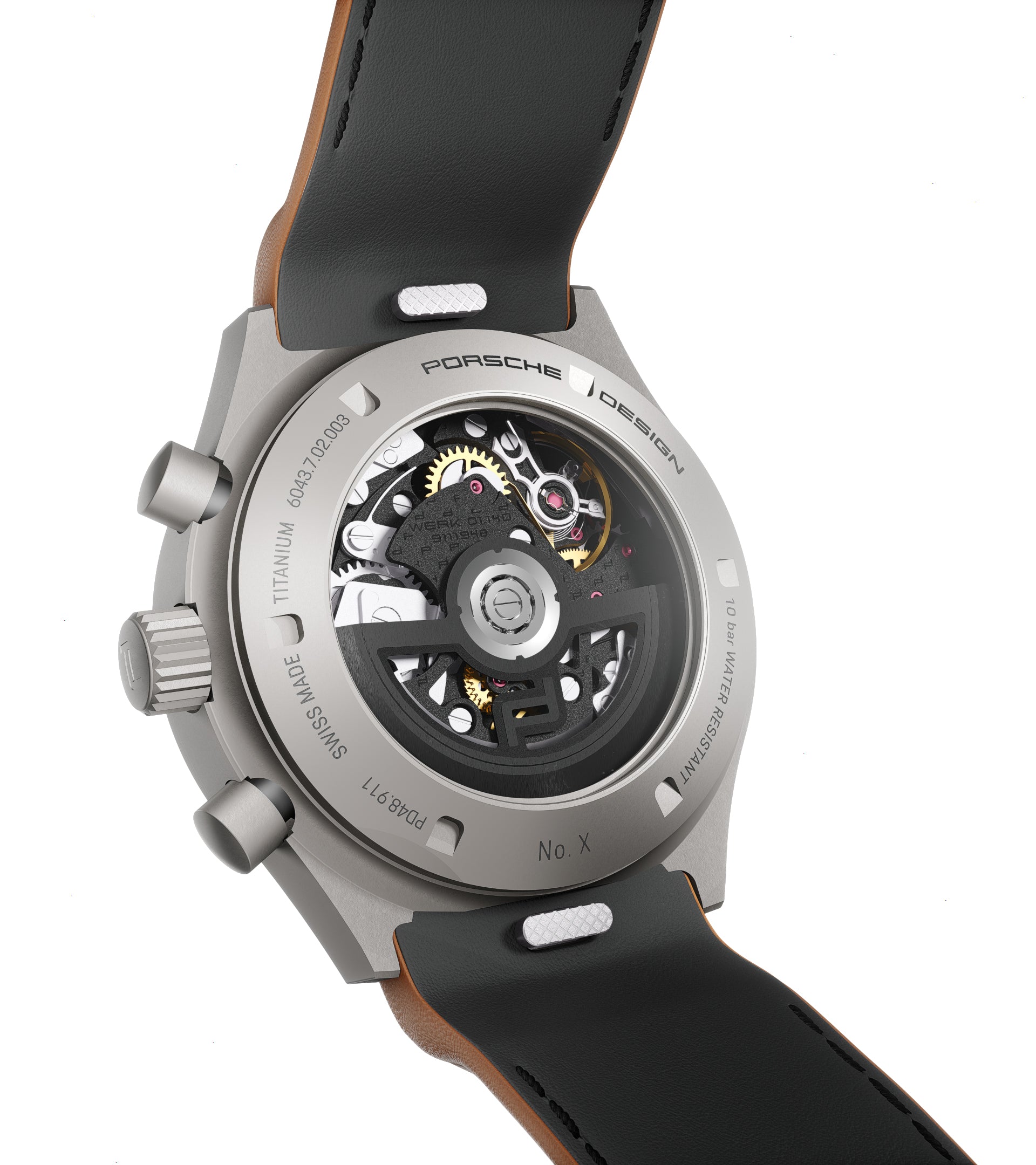 Titanium chronograph watch with visible skeleton movement, black leather strap, and numbered edition marking on case back.
