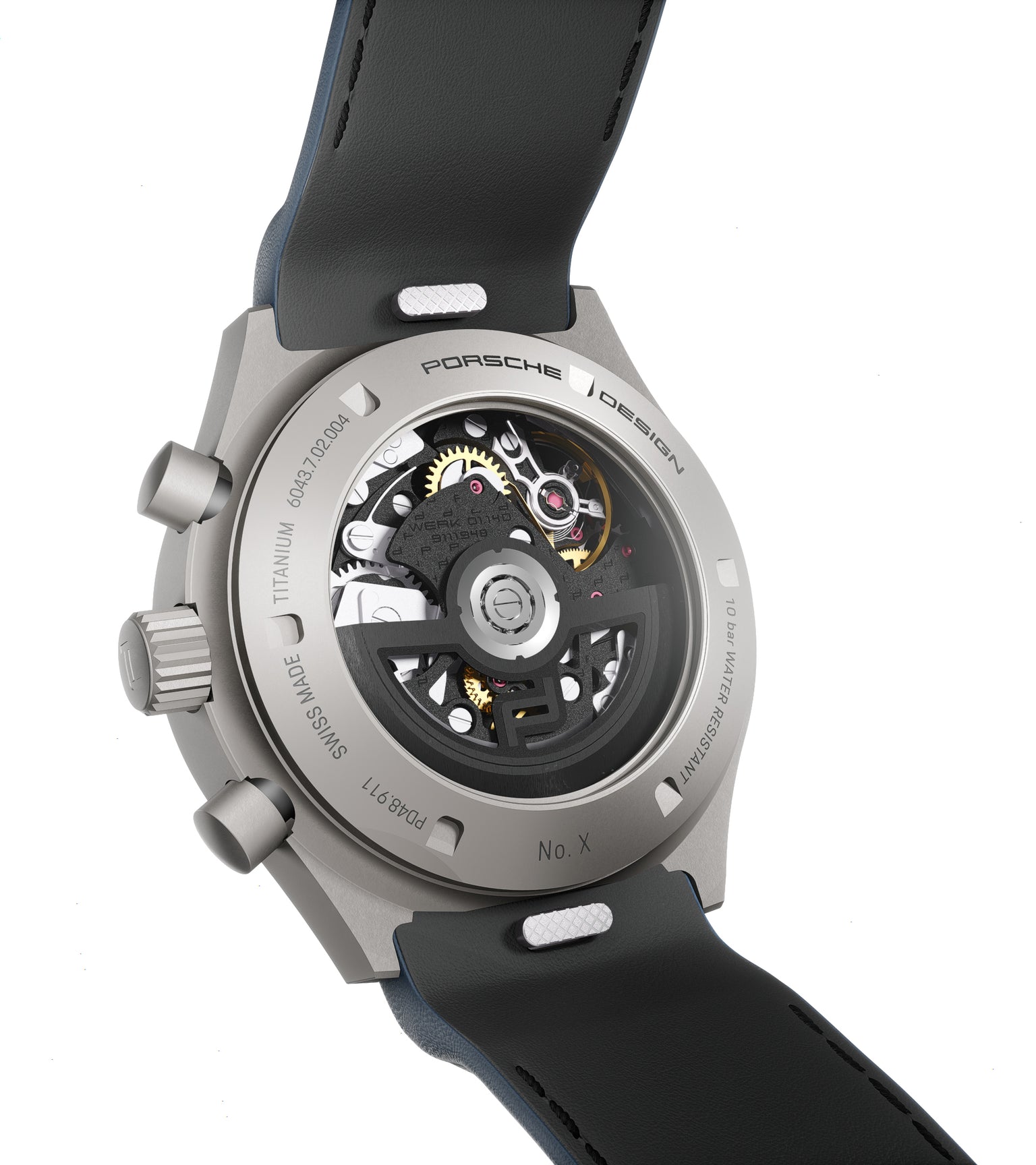 Titanium chronograph watch with exposed movement, black leather strap, and numbered edition marking on silver case back.