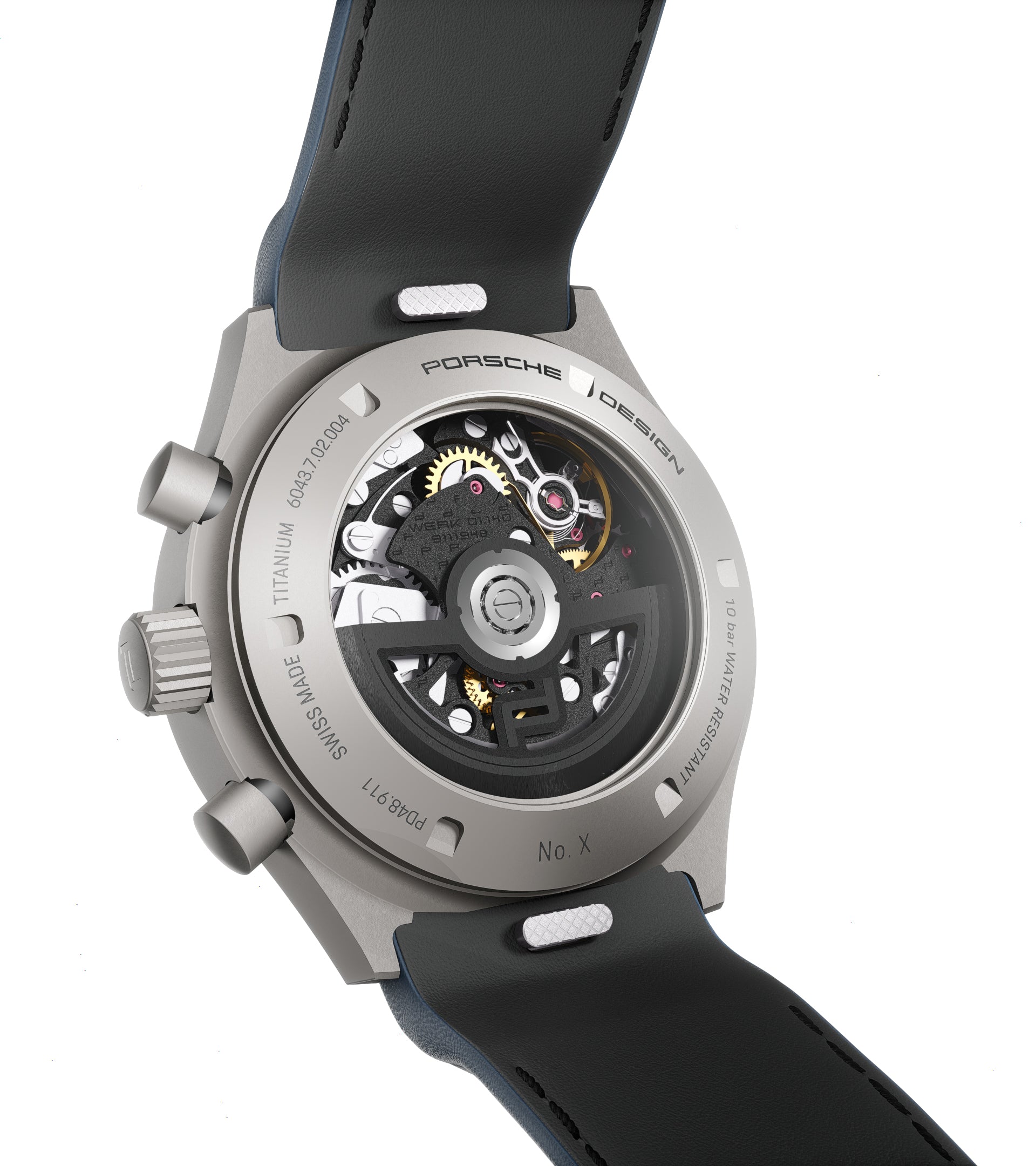 Titanium chronograph watch with exposed movement, black leather strap, and numbered edition marking on silver case back.