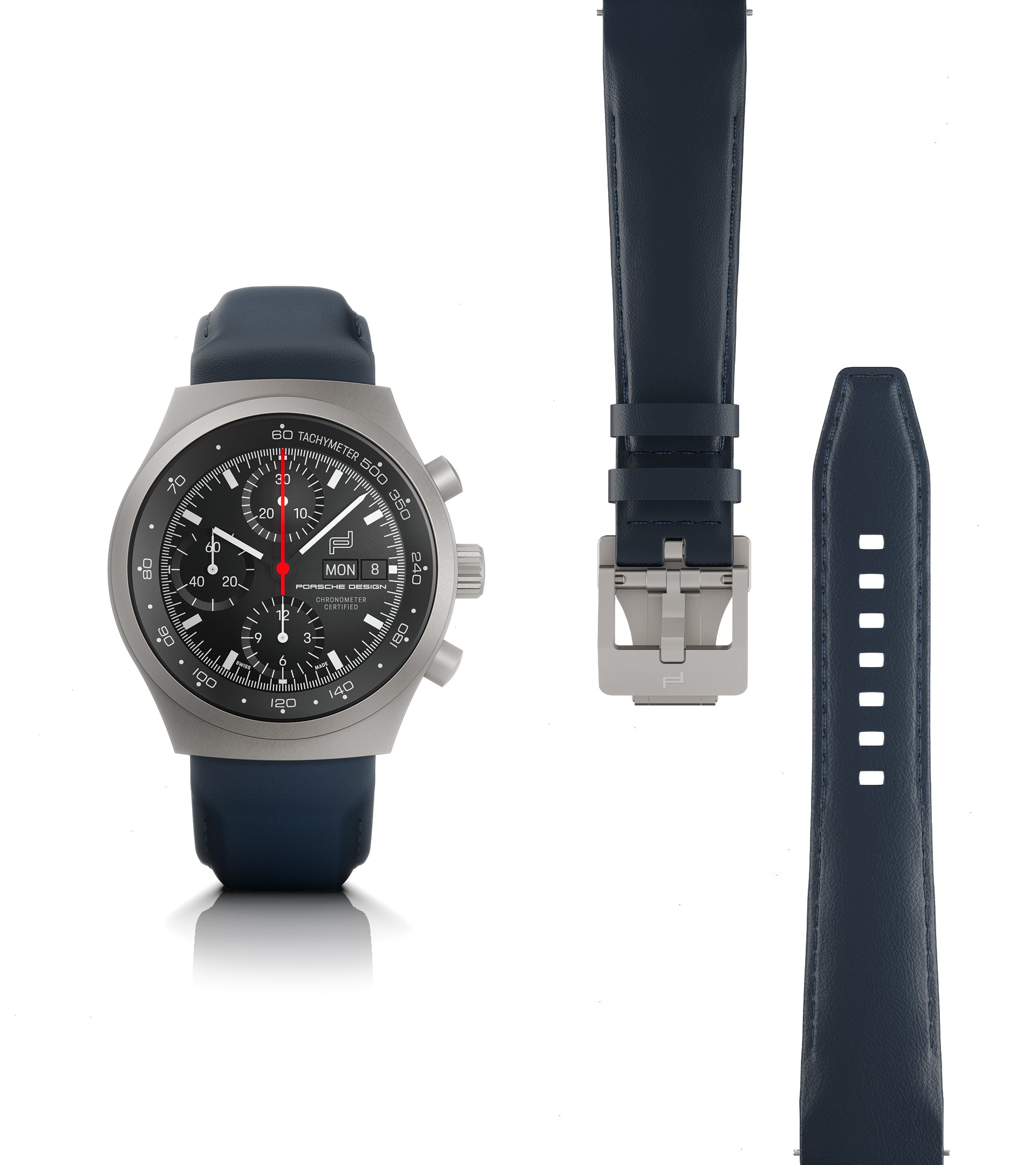 Titanium chronograph watch with black dial, red seconds hand, and dark blue rubber strap shown with buckle and full strap len