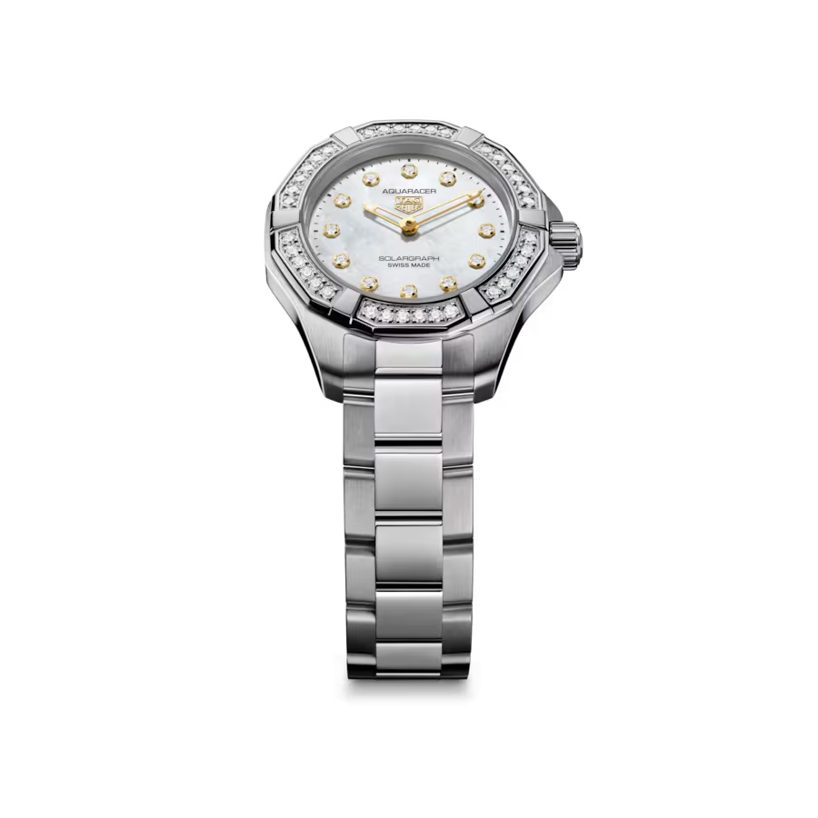 Aquaracer Professional 100 Solargraph | 28mm, Steel, Mother-of-pearl Dial, Diamond Bezel, Womens Watch