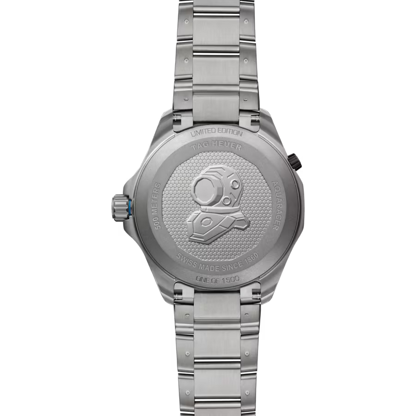 Stainless steel watch with metal bracelet, round case, and engraved caseback showing limited edition details.