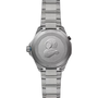 Stainless steel watch with metal bracelet, round case, and engraved caseback showing limited edition details.
