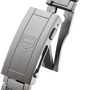 Stainless steel watch bracelet and clasp with shield-shaped logo detail, shown from side angle.