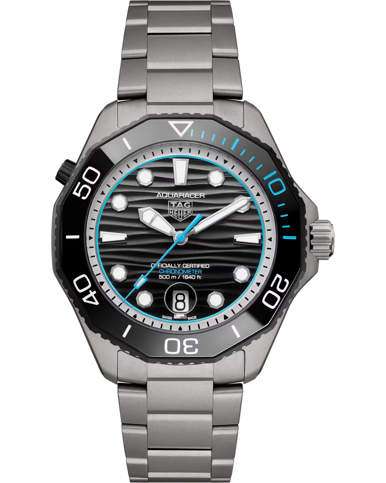 Steel sports watch with black dial, blue accents, date window, and matching steel bracelet.