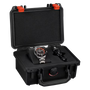 Black protective case with red latches containing Aquaracer Professional 500 Date watch and black lens accessory.