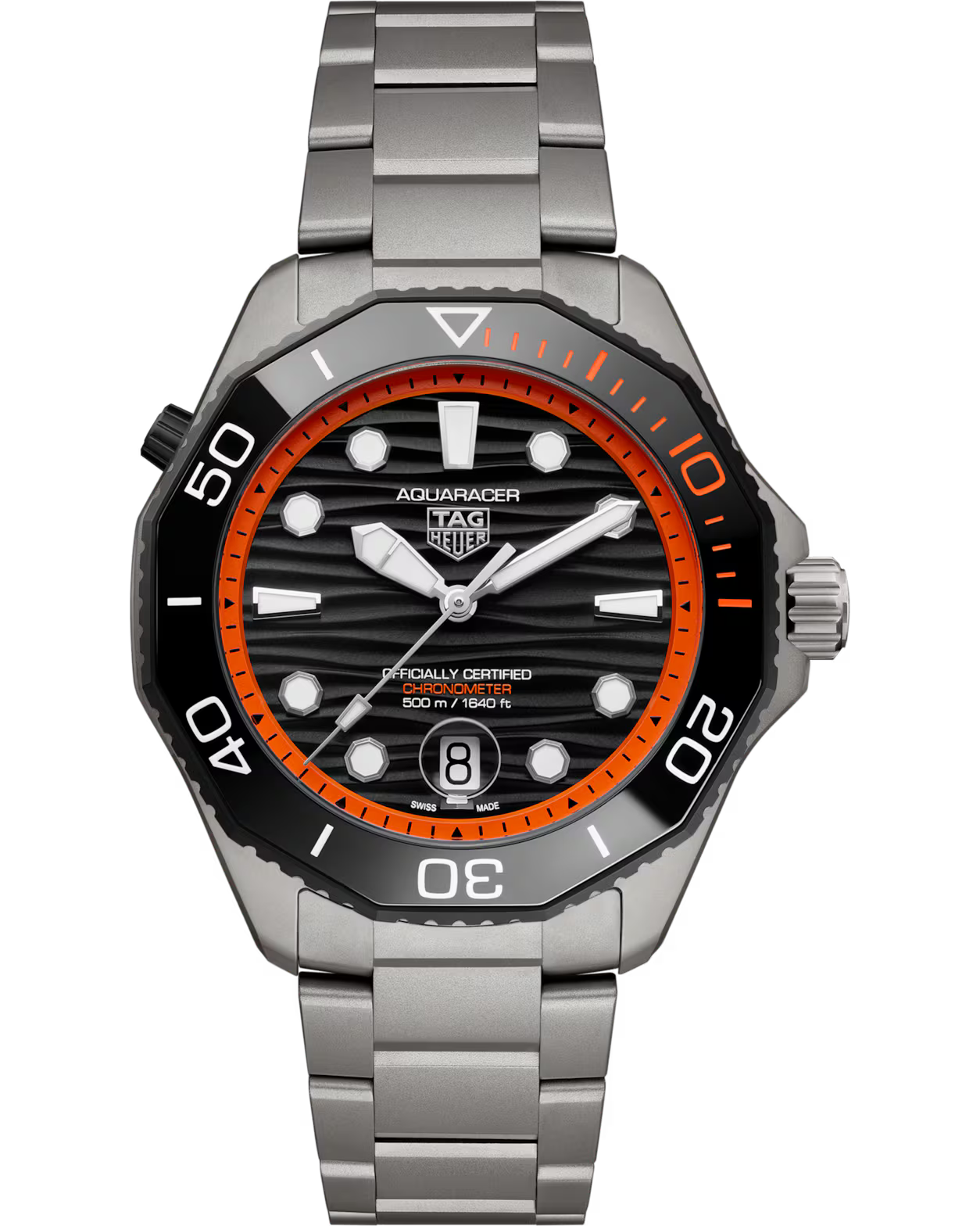 TAG Heuer Aquaracer watch with black dial, orange bezel, steel bracelet, and date window at 6 o'clock.