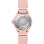 Tag Heuer watch with pink strap and silver case on a white background