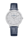 Silver-tone watch with diamond-paved dial, diamond bezel, applied indices, and navy blue leather strap.