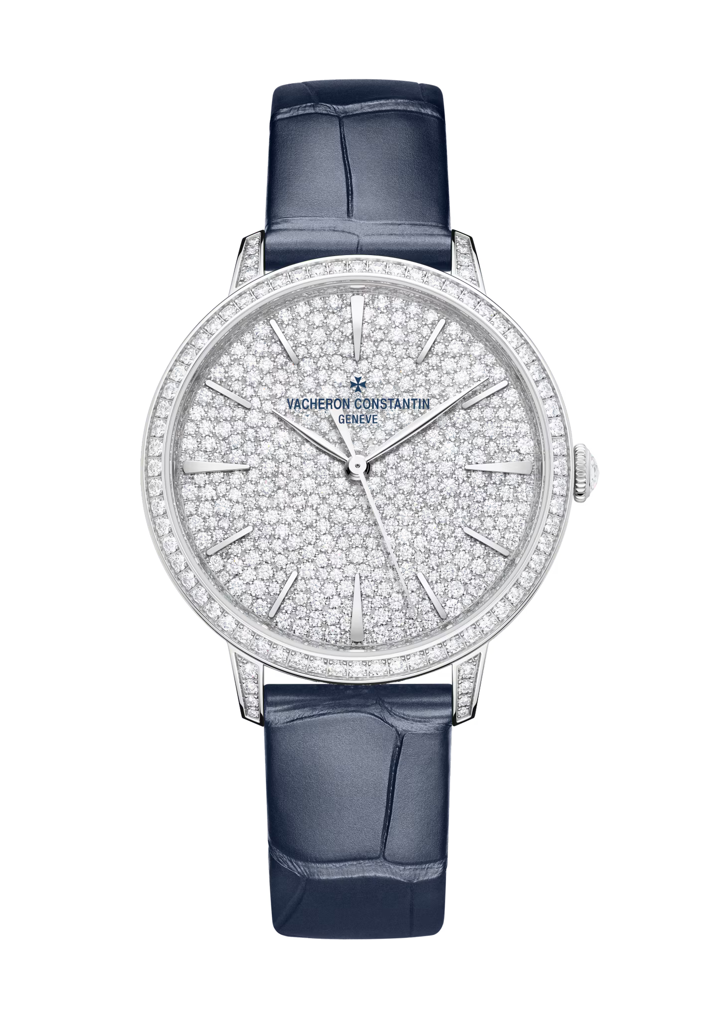 Silver-tone watch with diamond-paved dial, diamond bezel, applied indices, and navy blue leather strap.